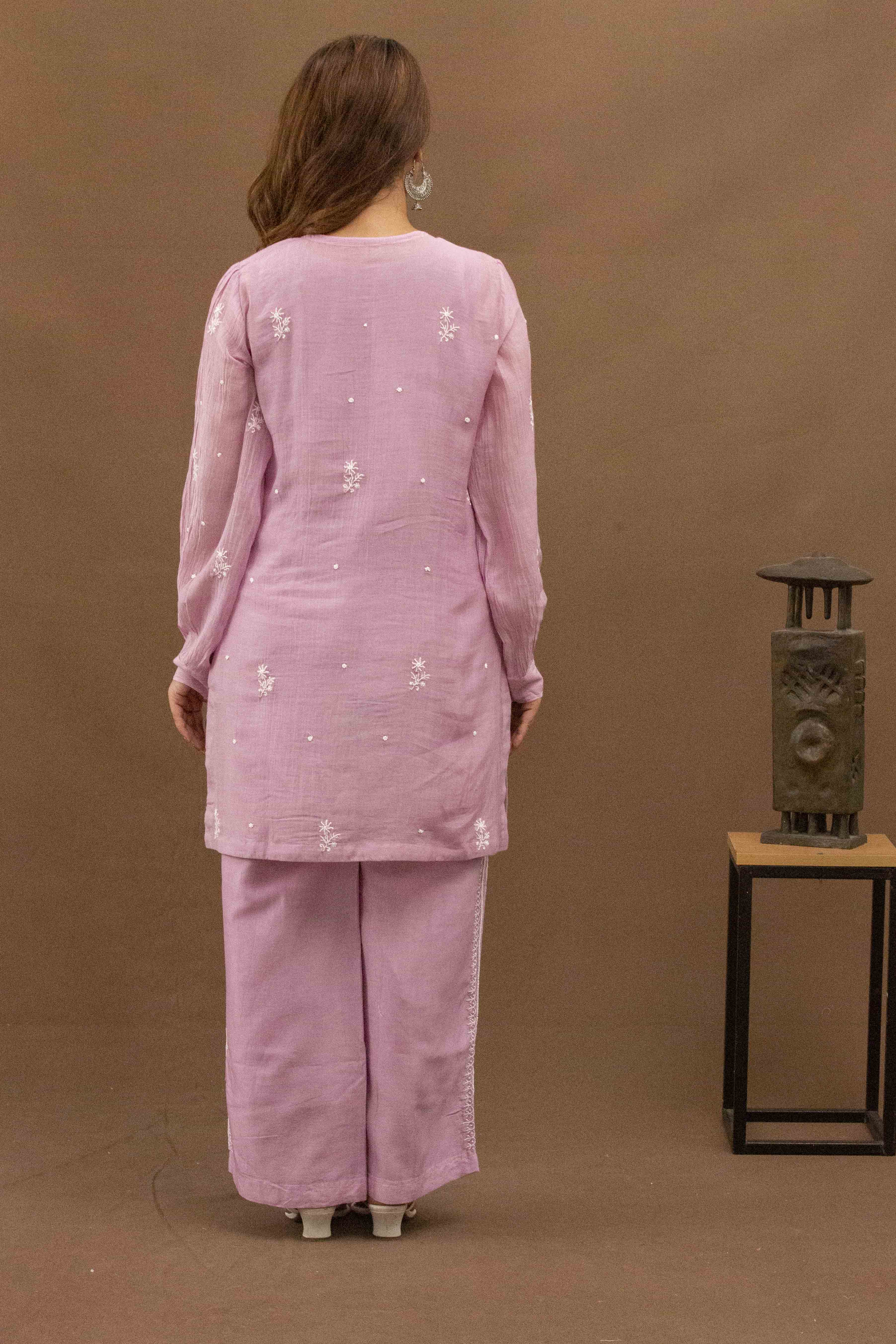 Urviya Chikankari Mul Chanderi Pearl Work Purple Coord Set