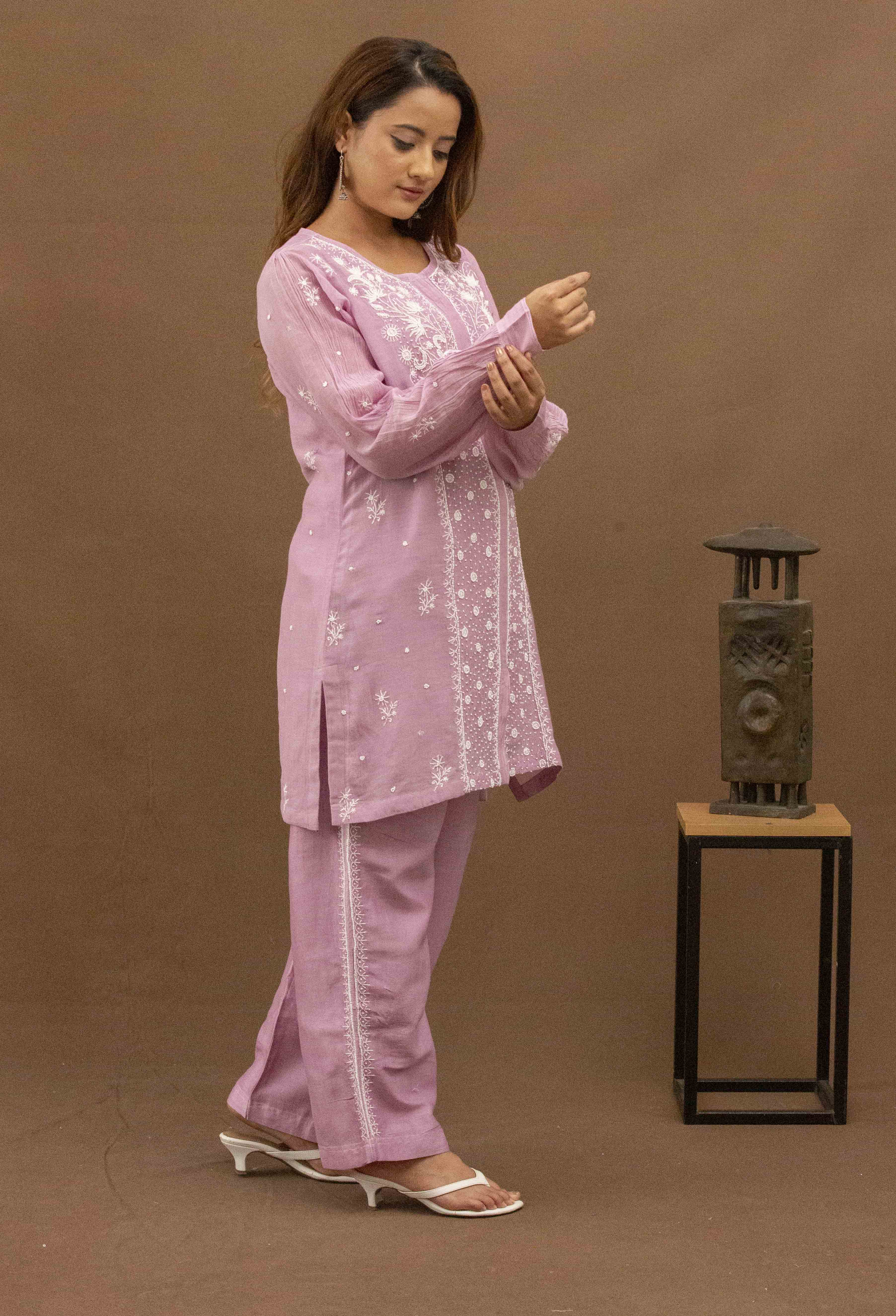 Urviya Chikankari Mul Chanderi Pearl Work Purple Coord Set