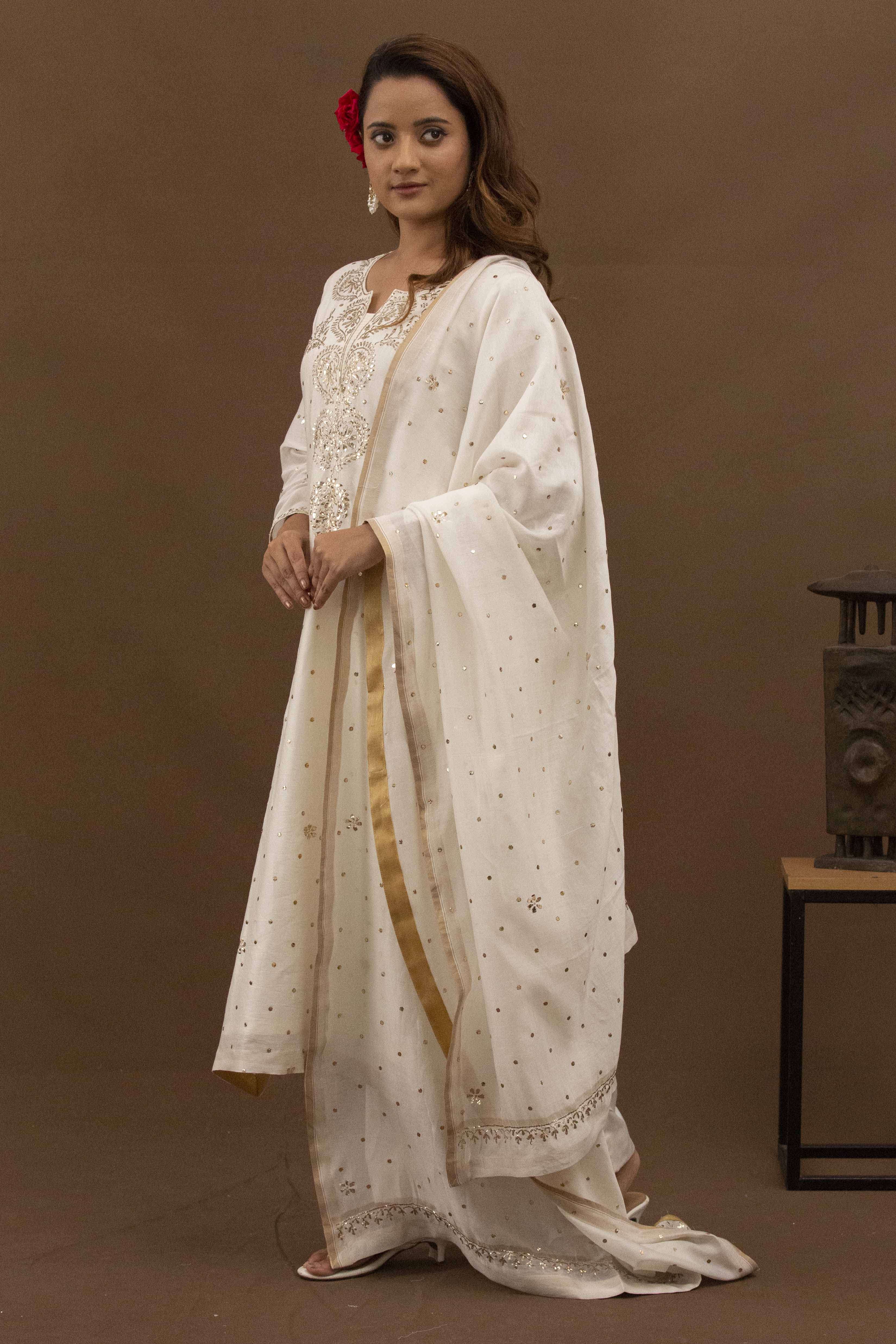 Urviya Chikankari Chanderi Silk White Pitta Work Mukaish Galla Booti Suit
