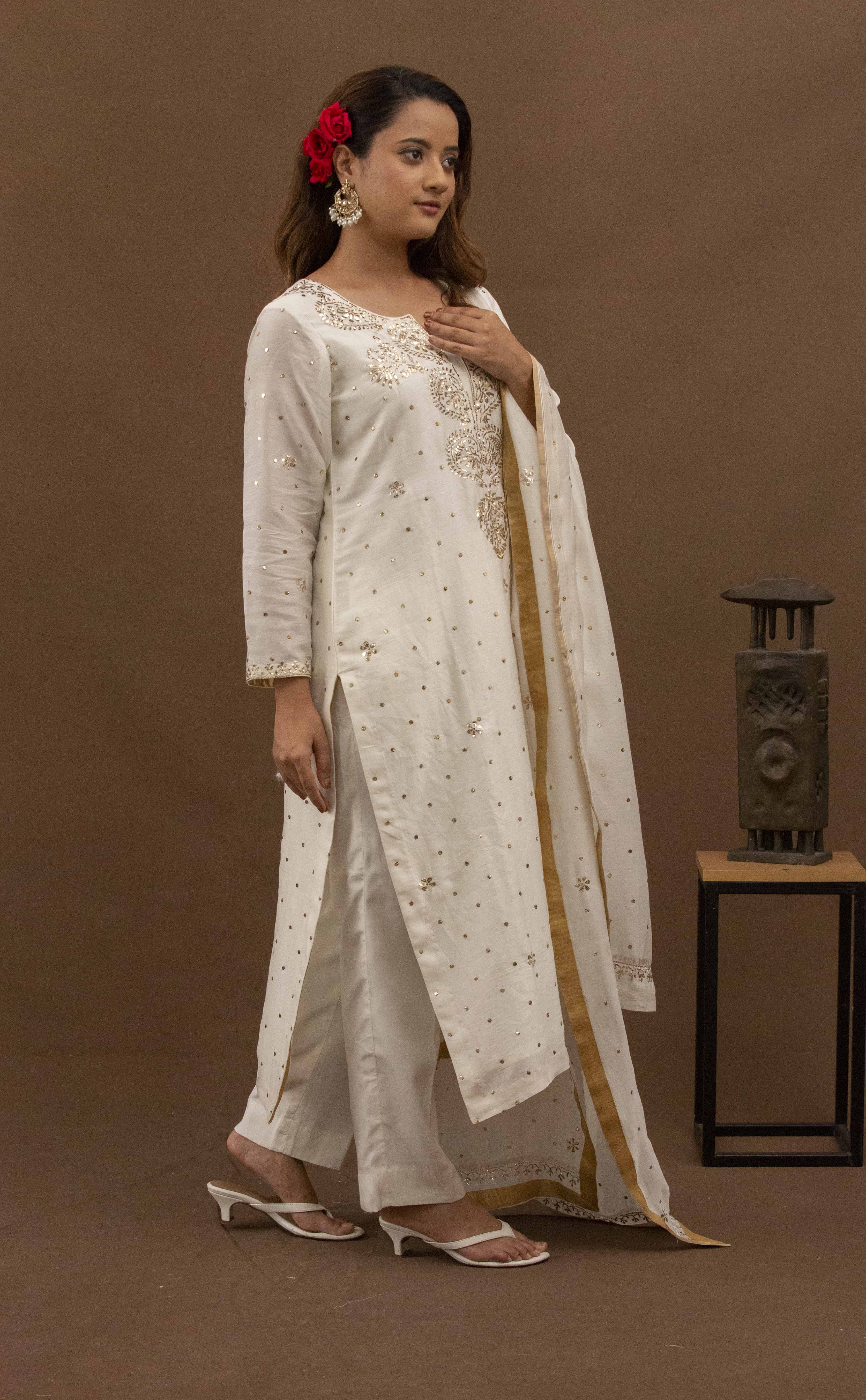 Urviya Chikankari Chanderi Silk White Pitta Work Mukaish Galla Booti Suit