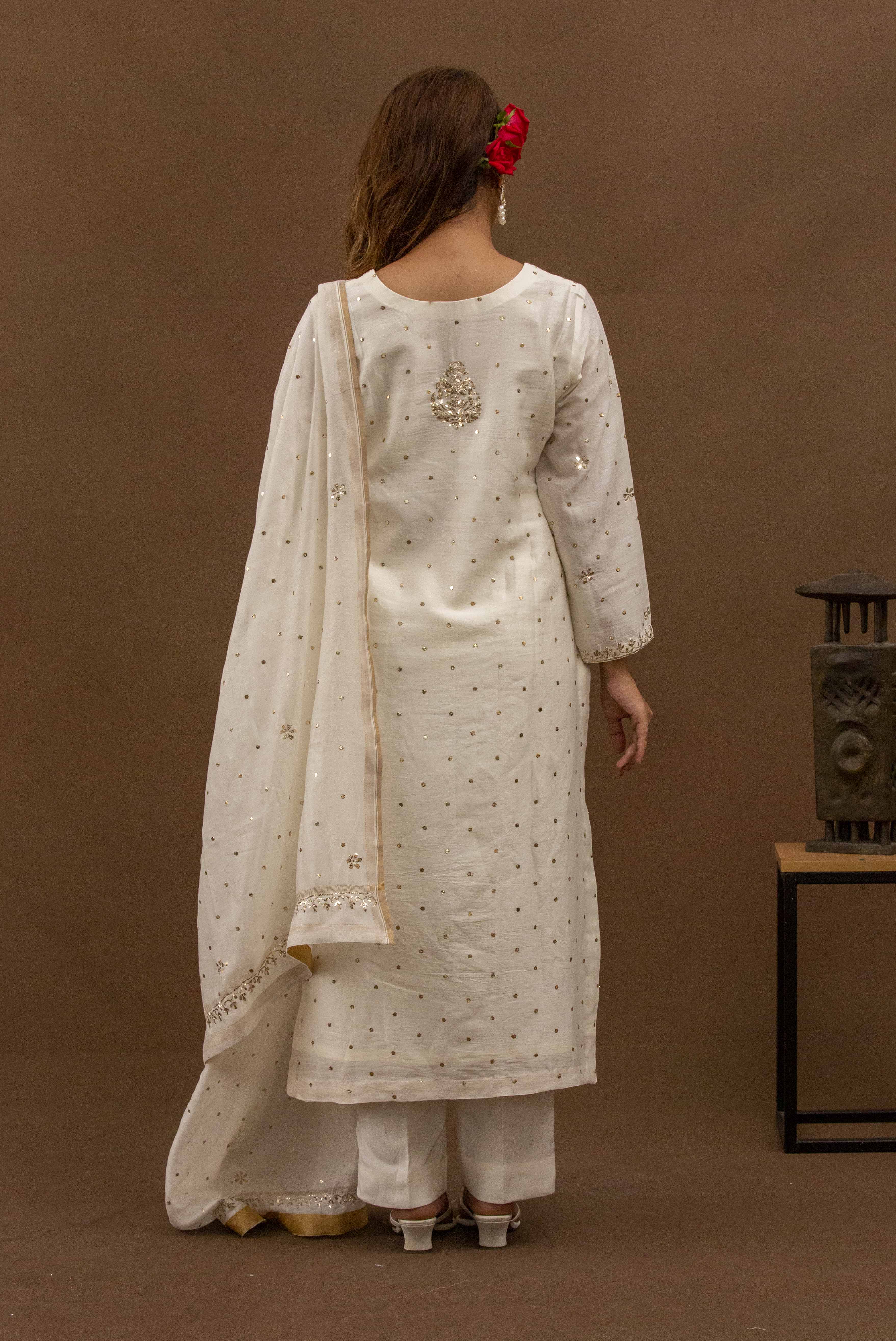 Urviya Chikankari Chanderi Silk White Pitta Work Mukaish Galla Booti Suit