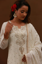Urviya Chikankari Chanderi Silk White Pitta Work Mukaish Galla Booti Suit