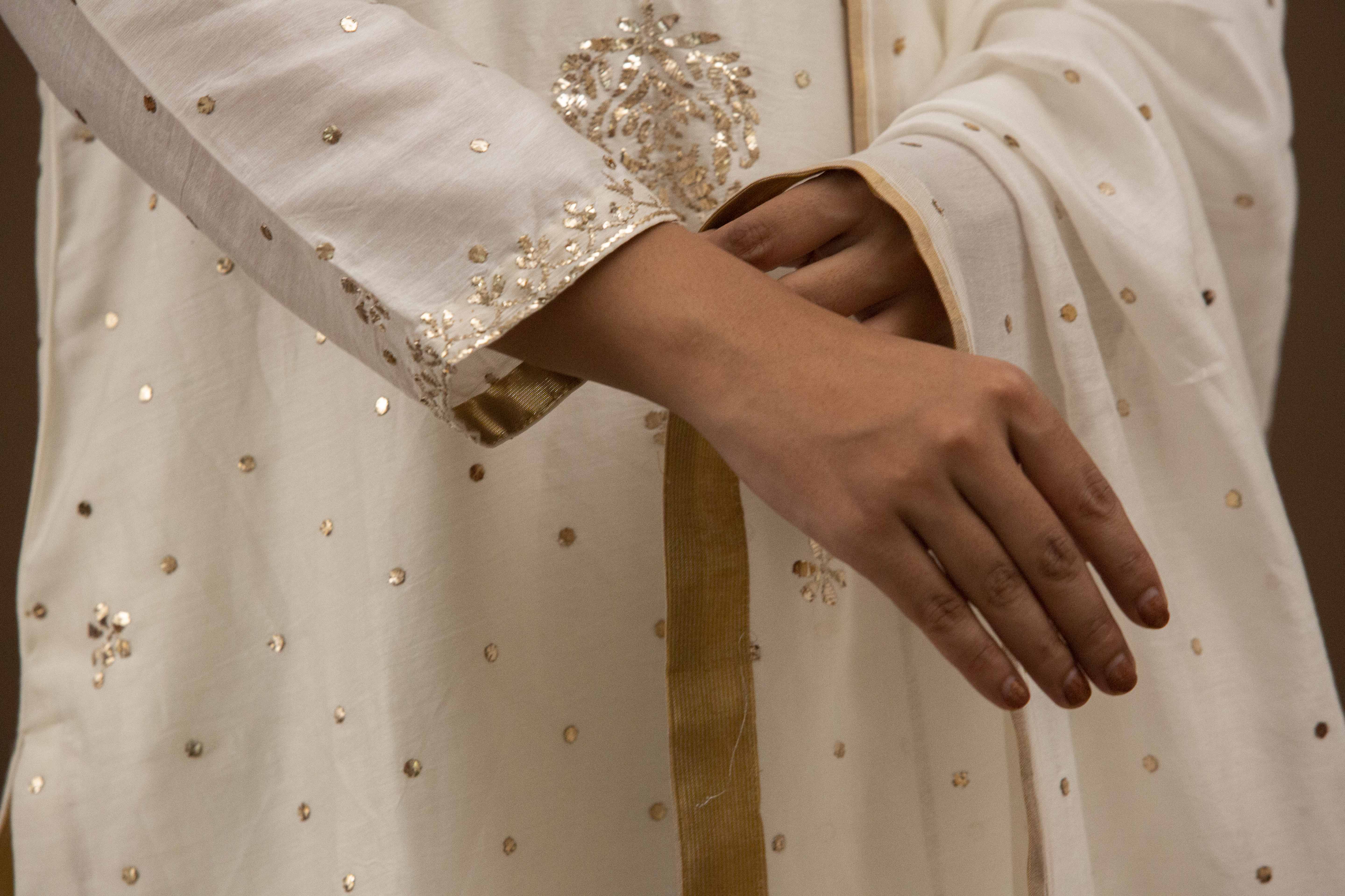 Urviya Chikankari Chanderi Silk White Pitta Work Mukaish Galla Booti Suit