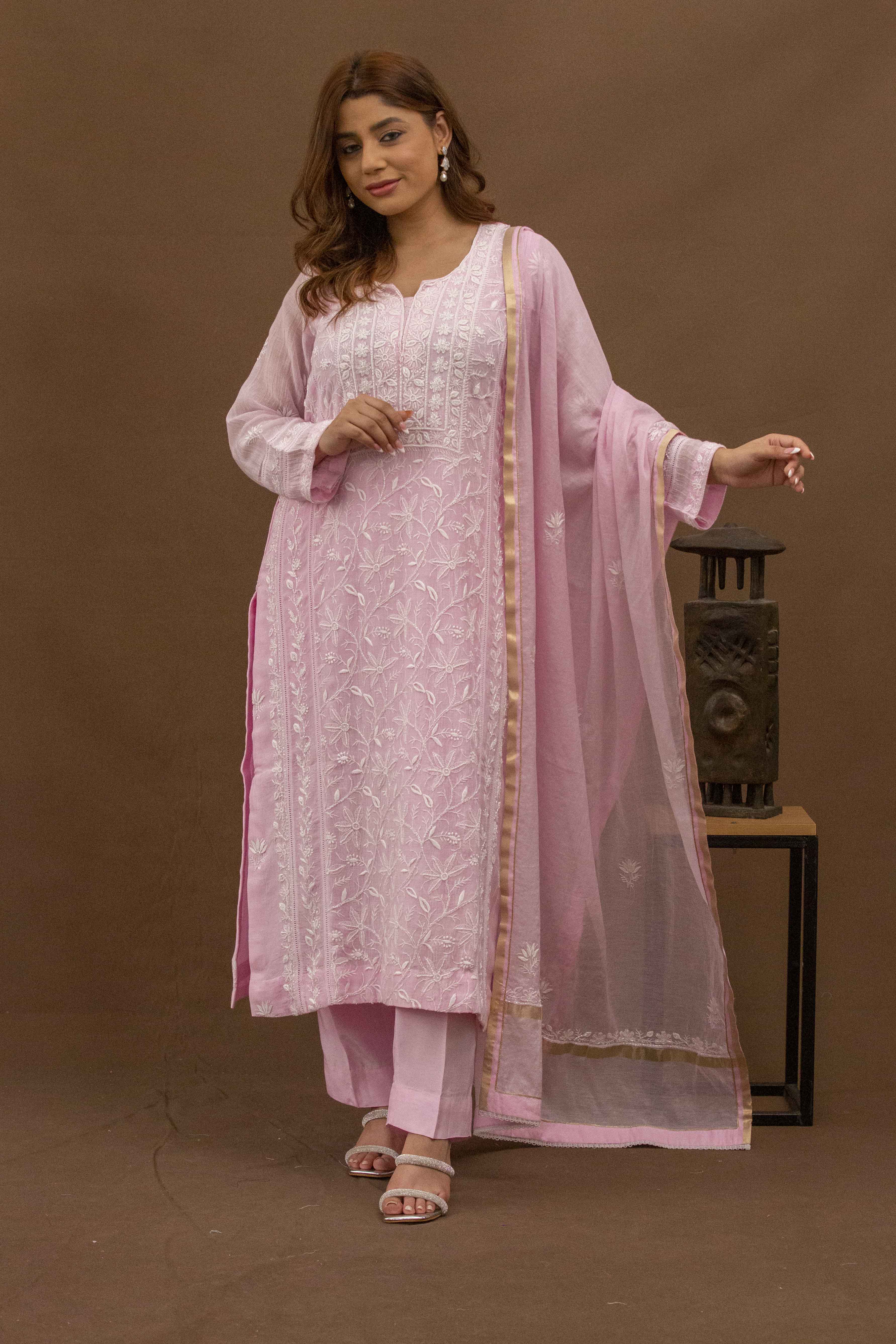 Urviya Chikankari Mul Chanderi Pink Cutdaana Pearl Work Panel Suit