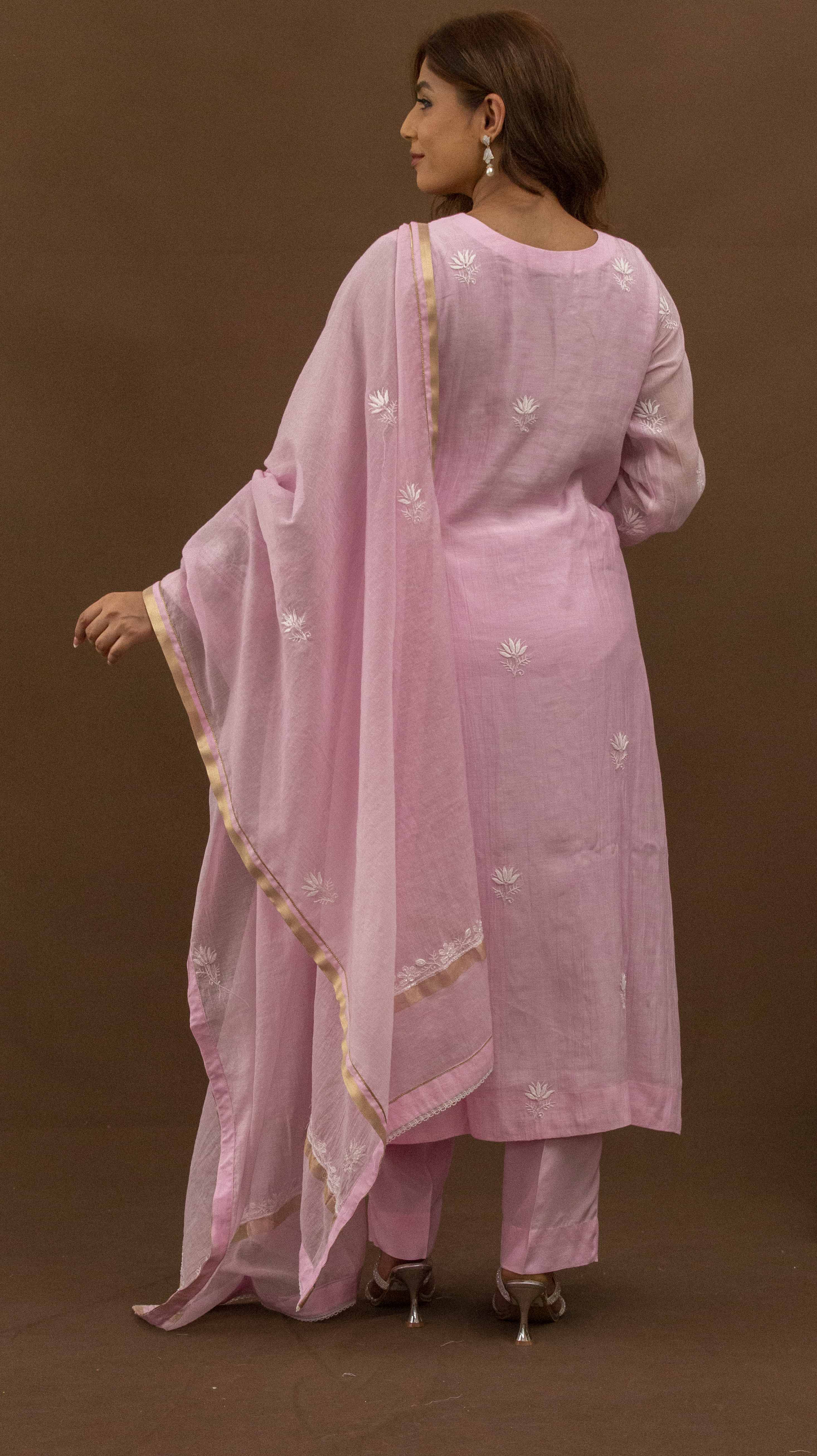 Urviya Chikankari Mul Chanderi Pink Cutdaana Pearl Work Panel Suit
