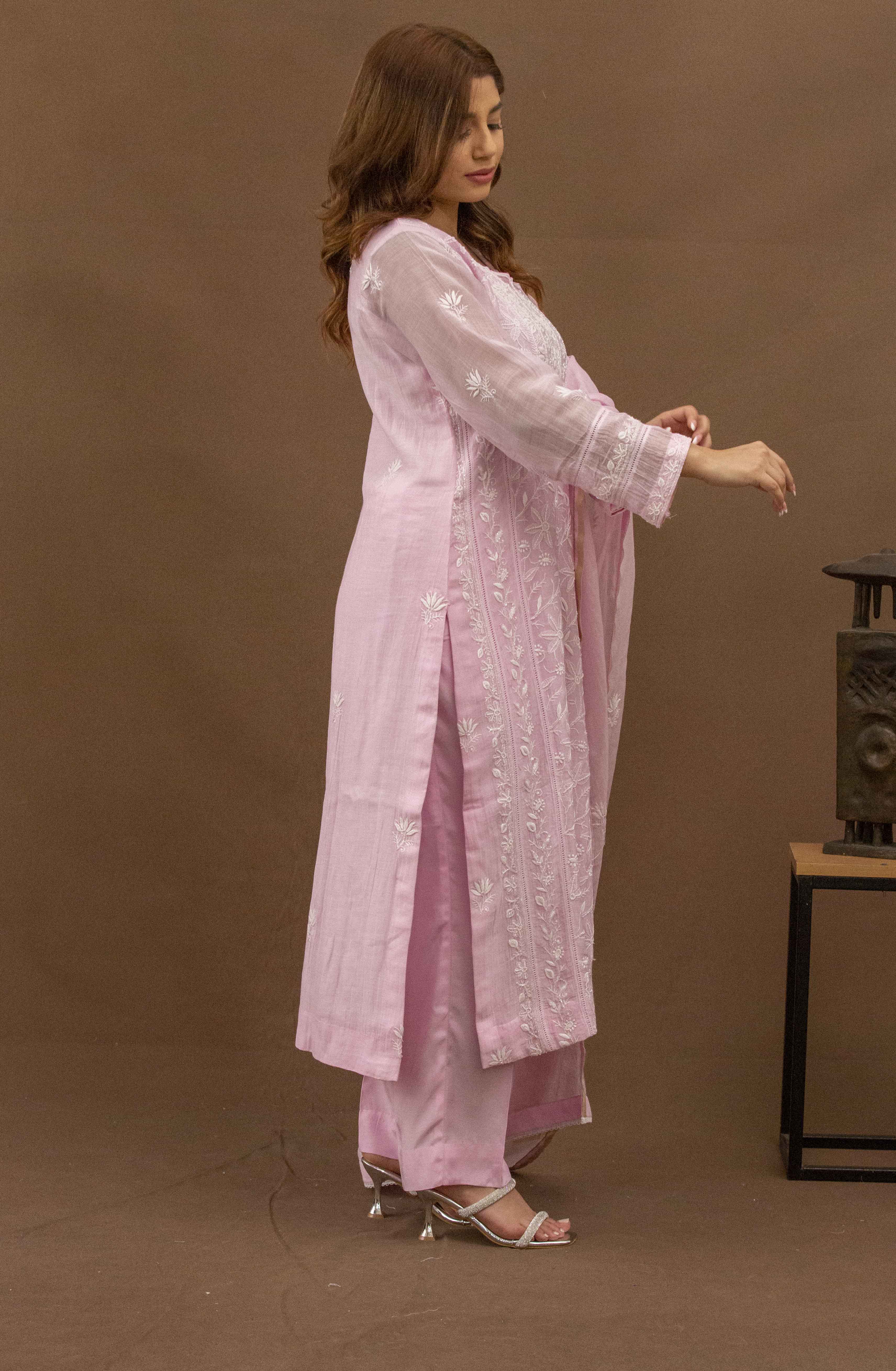 Urviya Chikankari Mul Chanderi Pink Cutdaana Pearl Work Panel Suit