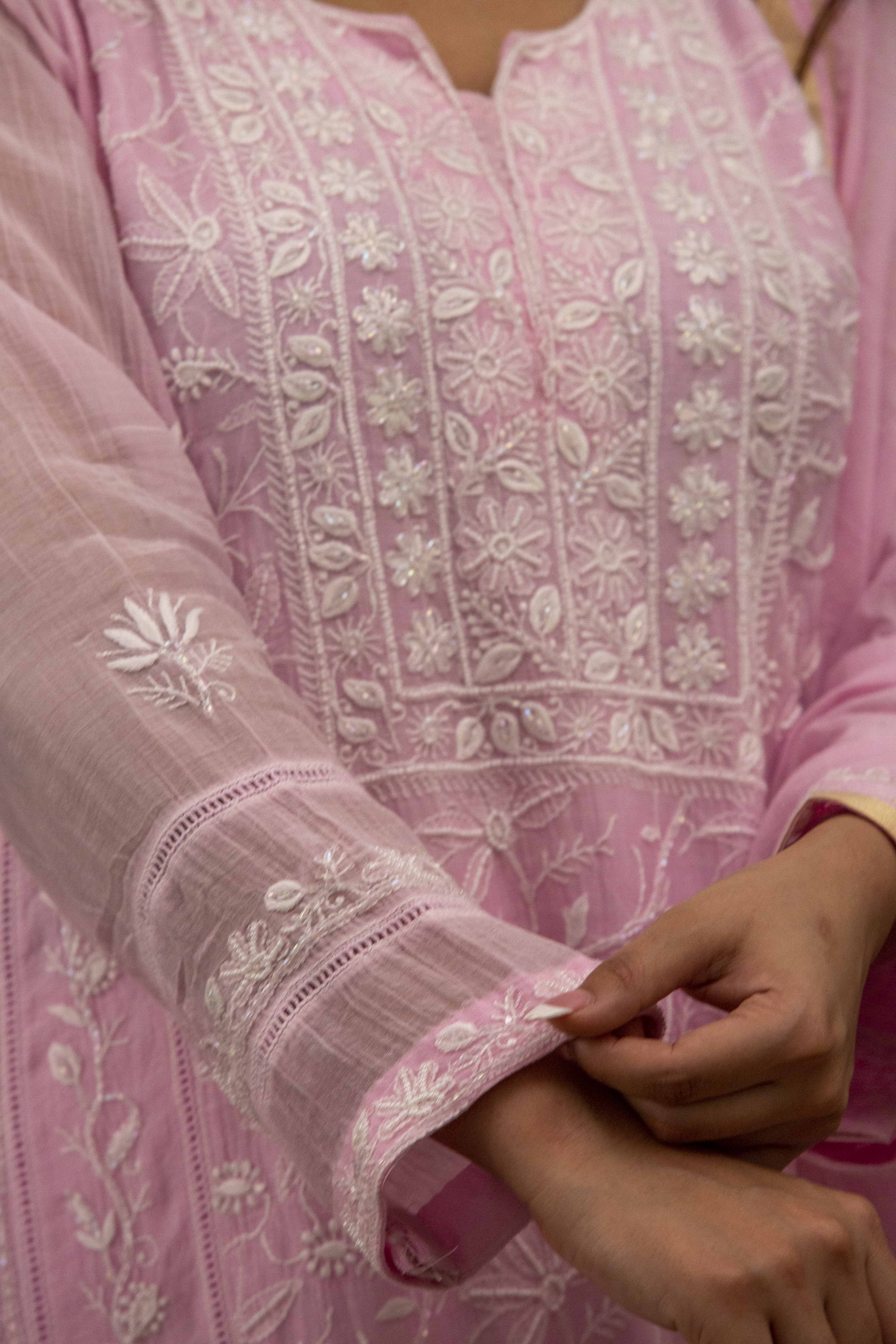 Urviya Chikankari Mul Chanderi Pink Cutdaana Pearl Work Panel Suit