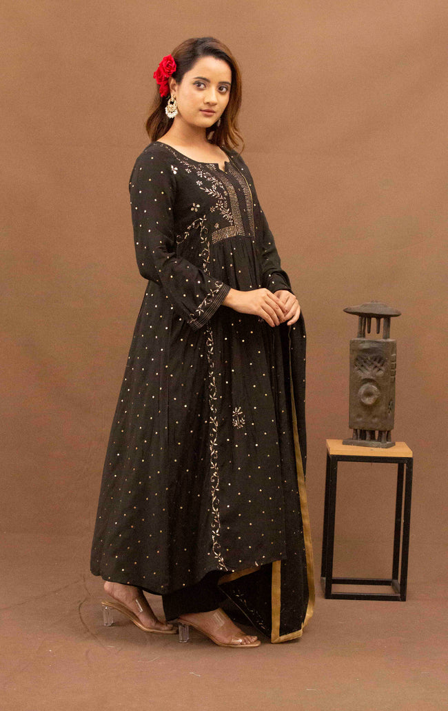 Urviya Chikankari Muslin Black Pitta Work Mukaish Gown