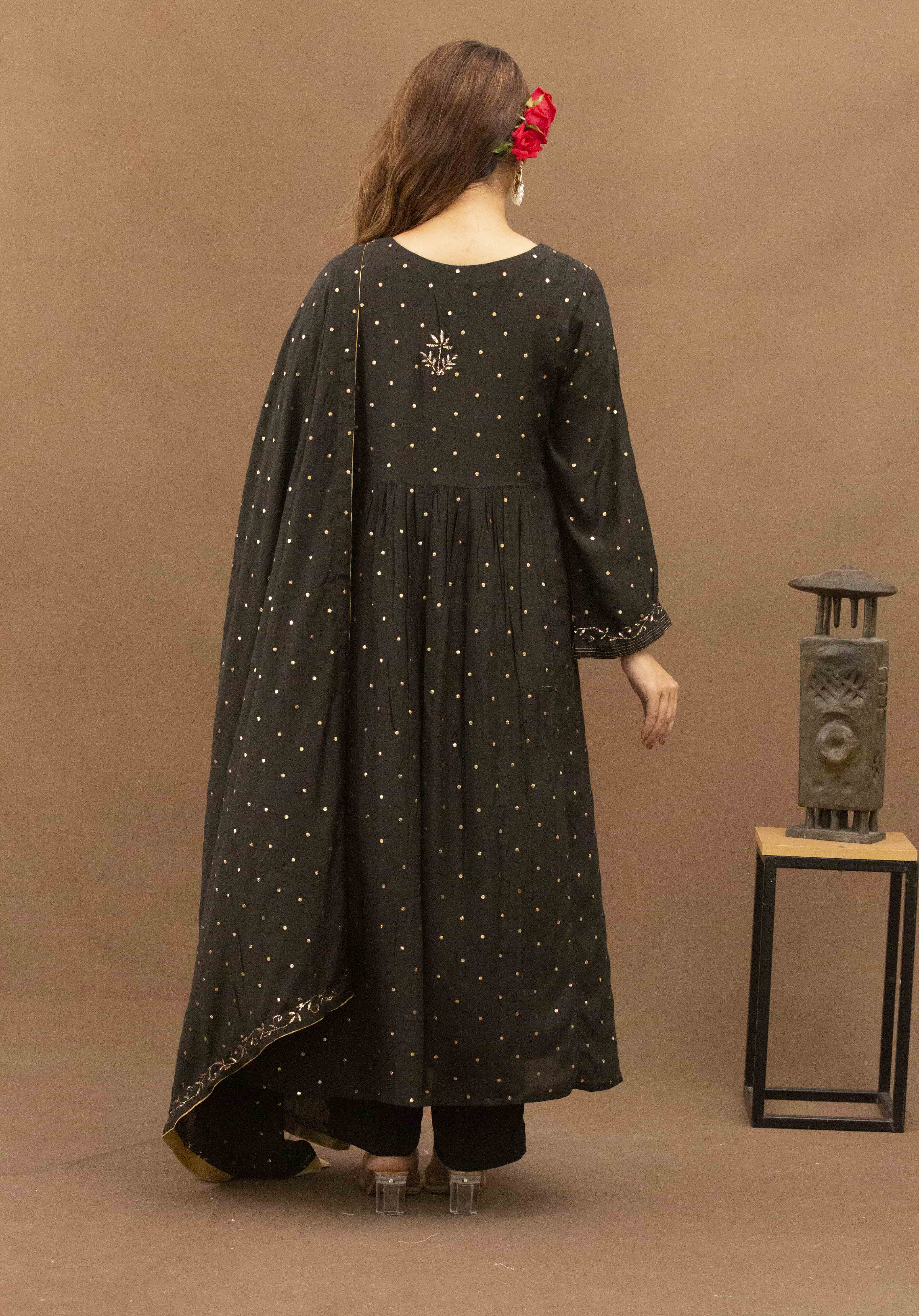 Urviya Chikankari Muslin Black Pitta Work Mukaish Nyra Suit