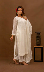 Urviya Chikankari Mul Chanderi White Cutdaana Pearl Work Galla Booti Suit