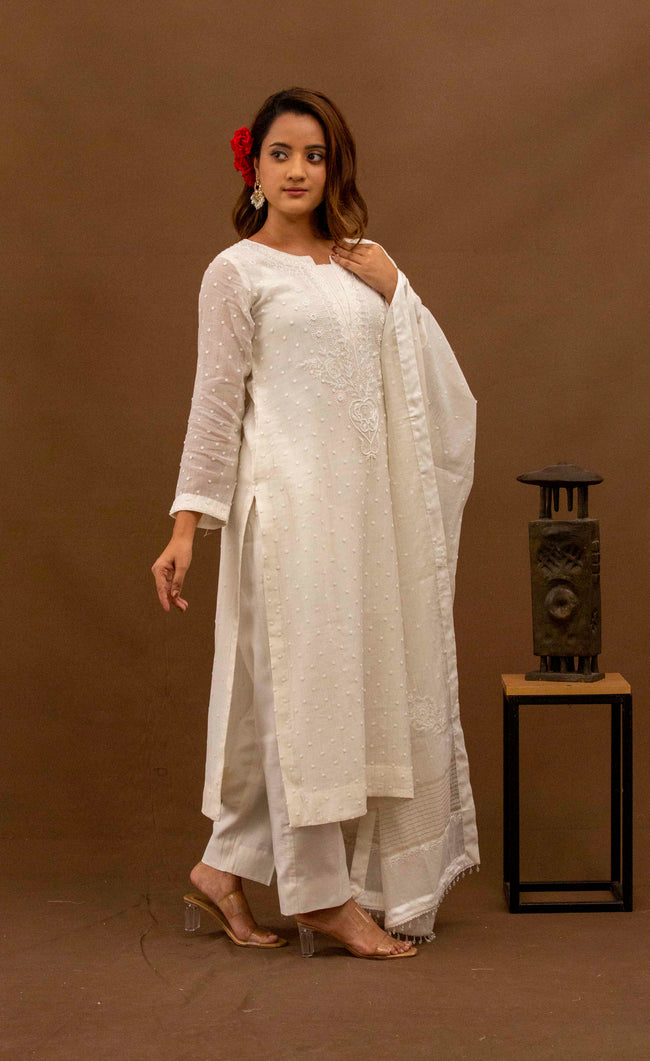 Urviya Chikankari Mul Chanderi White Cutdaana Pearl Work Galla Booti Suit