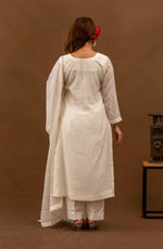 Urviya Chikankari Mul Chanderi White Cutdaana Pearl Work Galla Booti Suit