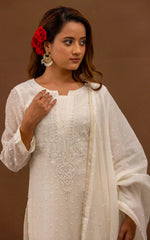 Urviya Chikankari Mul Chanderi White Cutdaana Pearl Work Galla Booti Suit