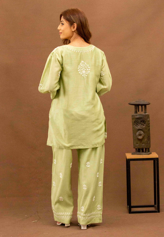 Urviya Chikankari Chanderi Silk Green Pearl Work Cutdaana Coord Set