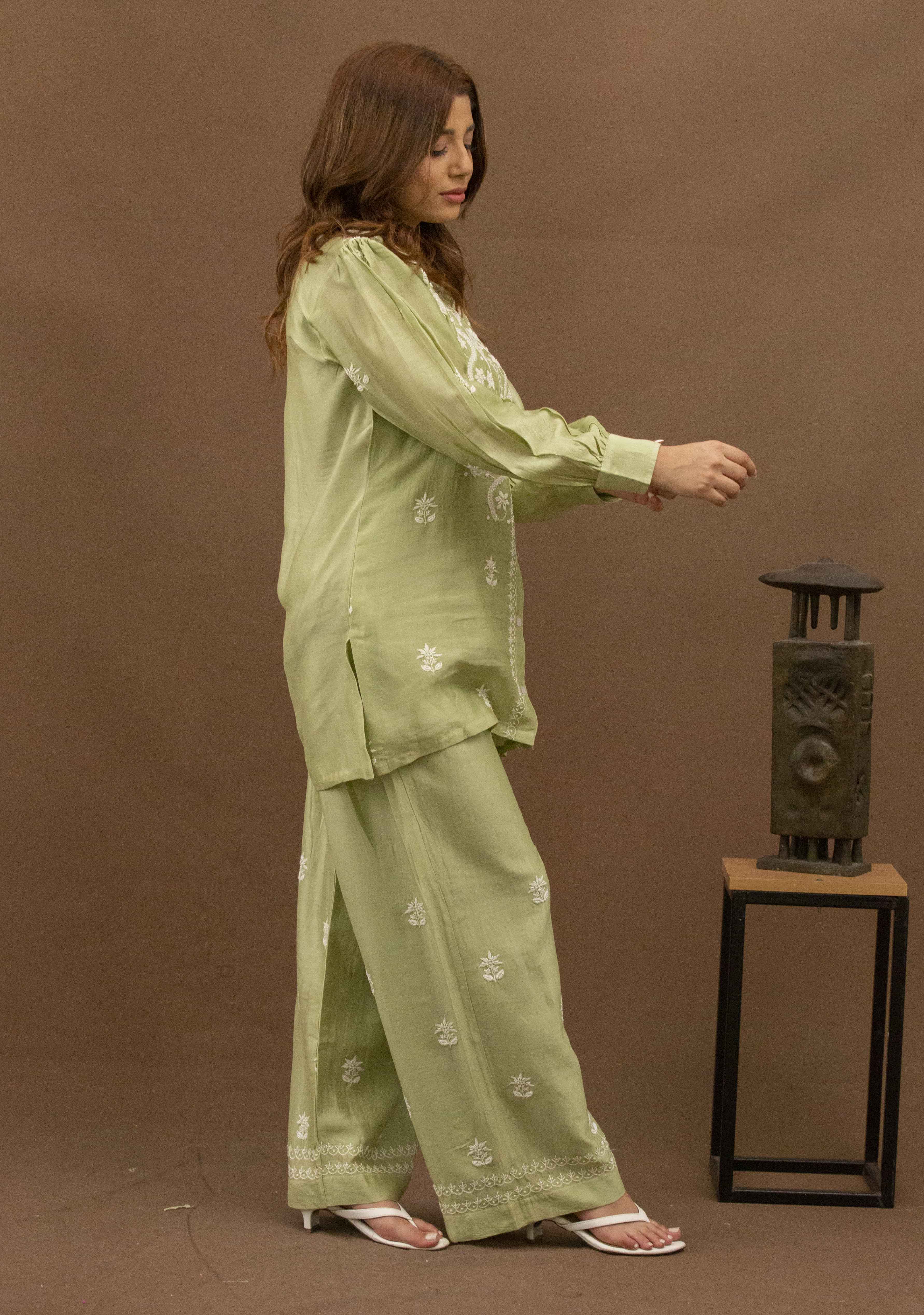 Urviya Chikankari Chanderi Silk Green Pearl Work Cutdaana Coord Set