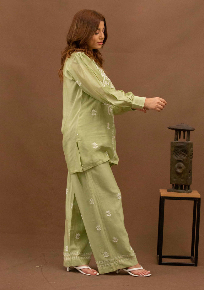 Urviya Chikankari Chanderi Silk Green Pearl Work Cutdaana Coord Set