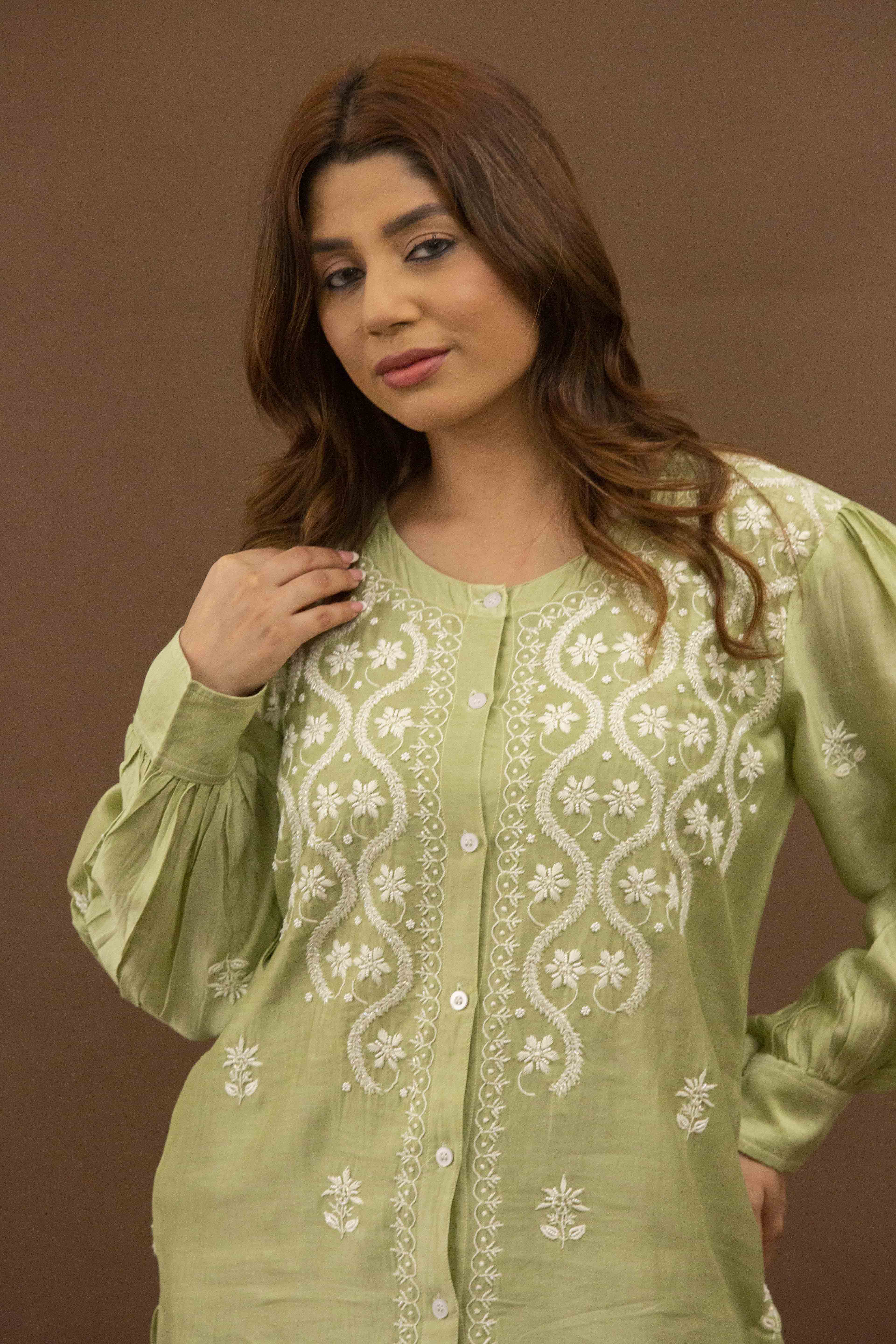 Urviya Chikankari Chanderi Silk Green Pearl Work Cutdaana Coord Set