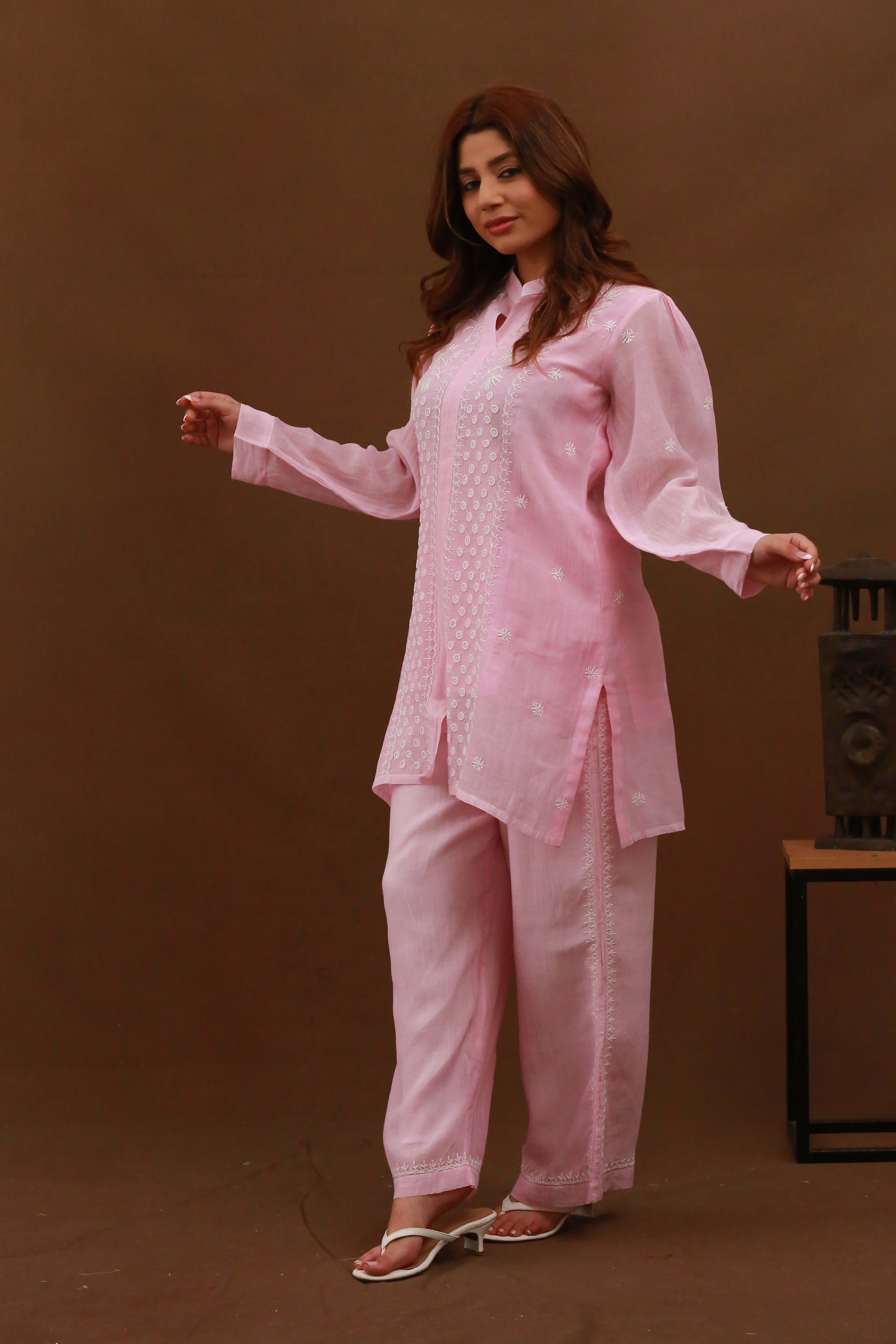 Urviya Chikankari Mul Chanderi Cutdaana Pink Pearl Work Coord Set