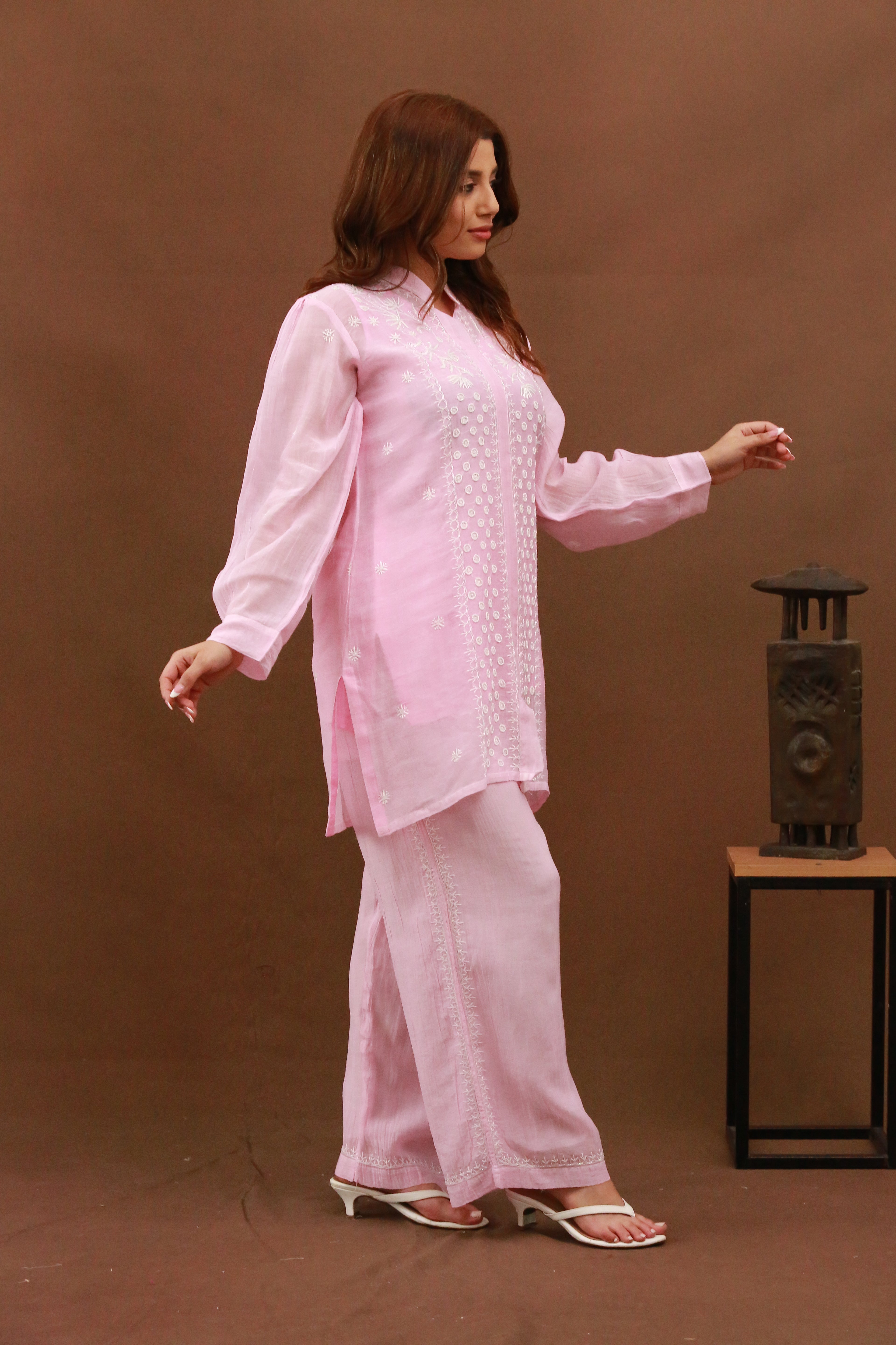 Urviya Chikankari Mul Chanderi Cutdaana Pink Pearl Work Coord Set