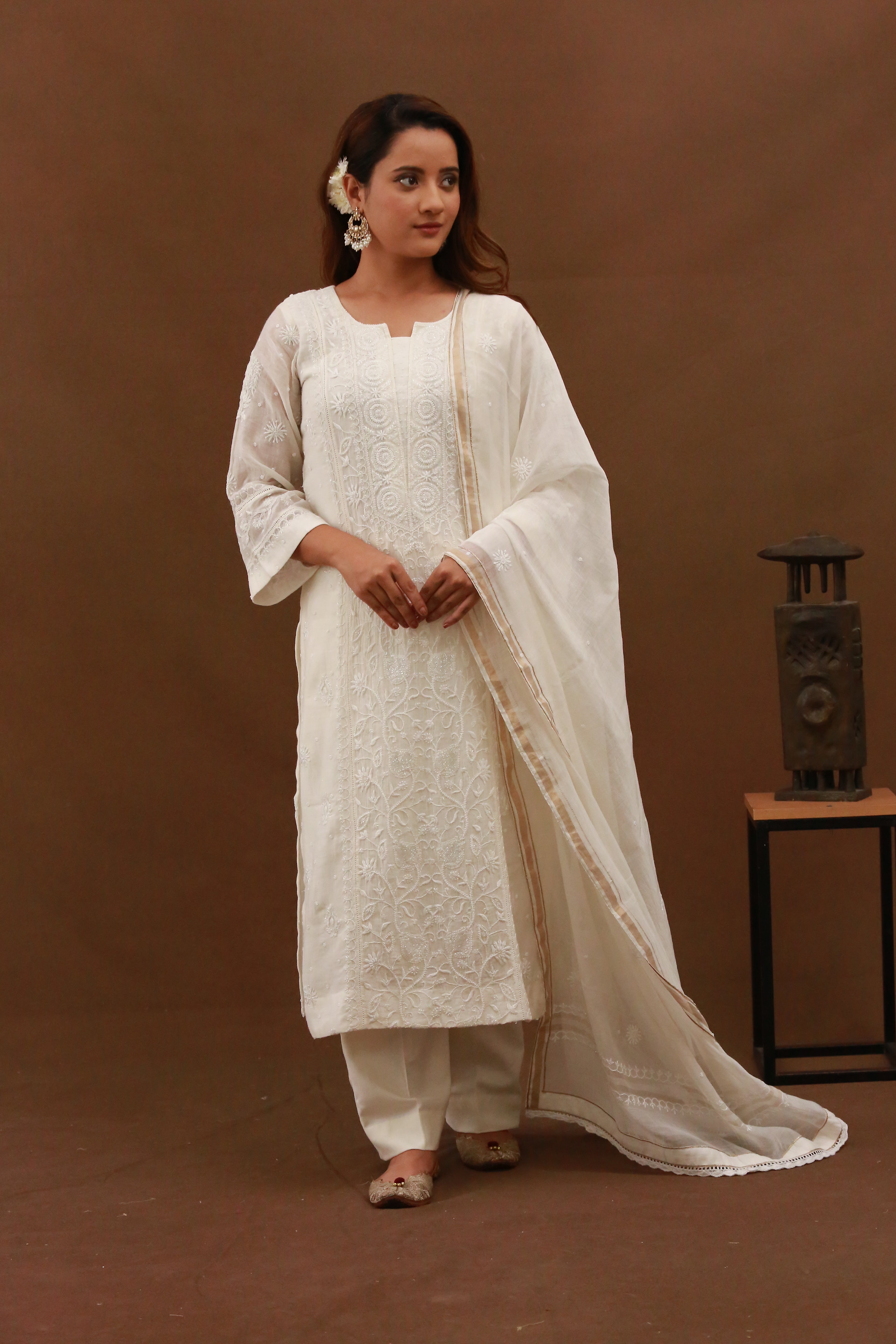 Urviya Chikankari Mul Chanderi Cutdaana White Pearl Work Panel Suit Pattern 2