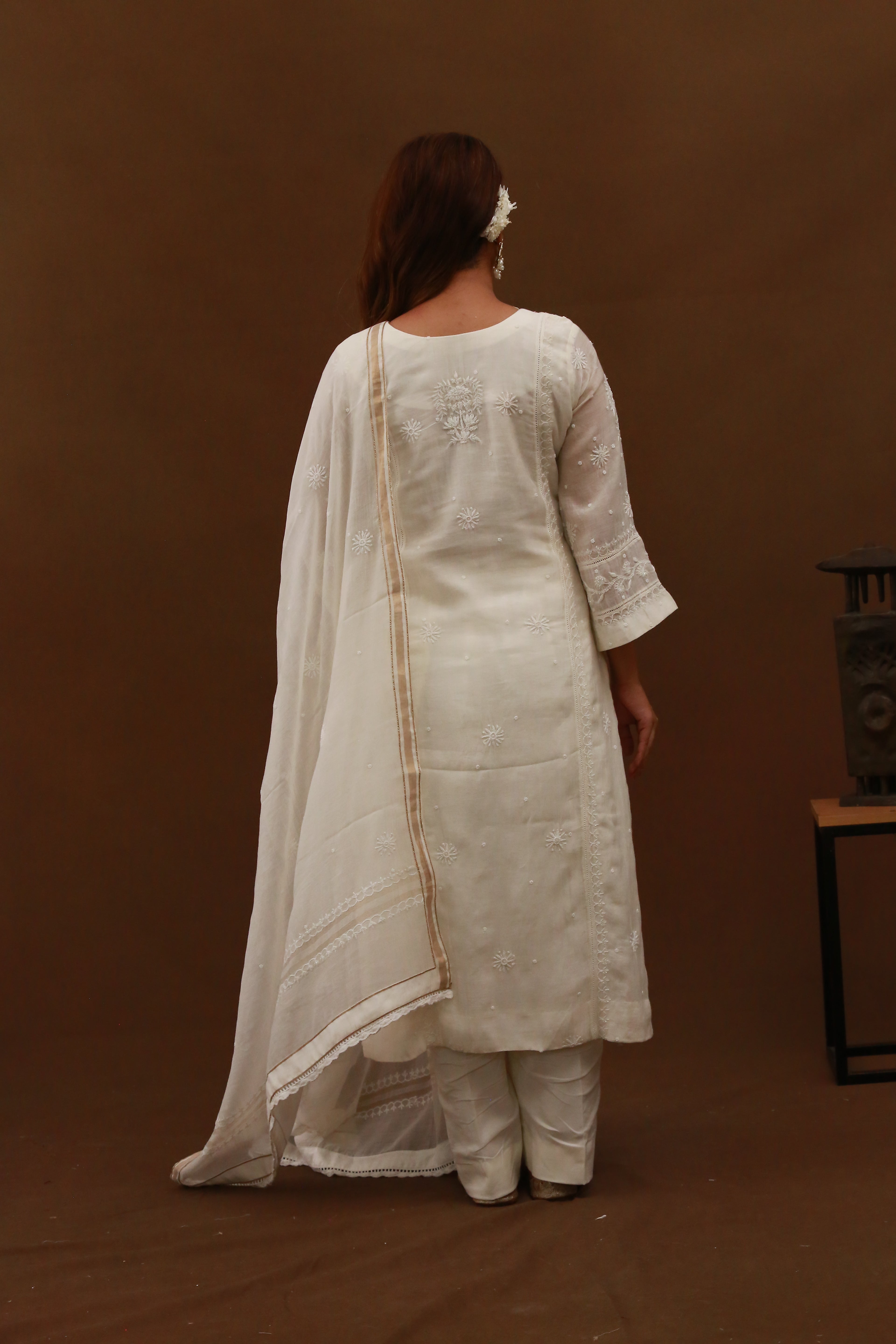 Urviya Chikankari Mul Chanderi Cutdaana White Pearl Work Panel Suit Pattern 2