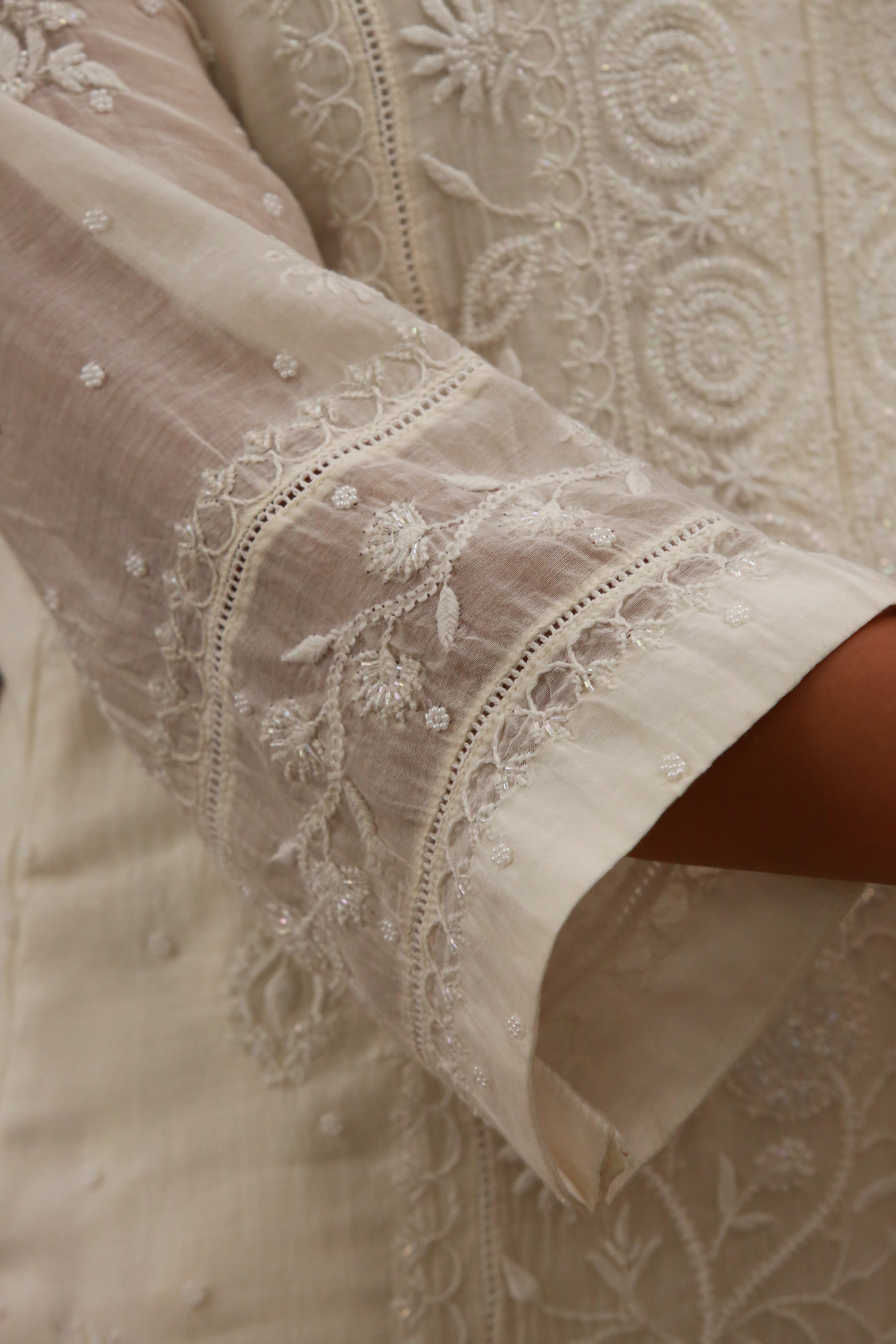 Urviya Chikankari Mul Chanderi Cutdaana White Pearl Work Panel Suit Pattern 2
