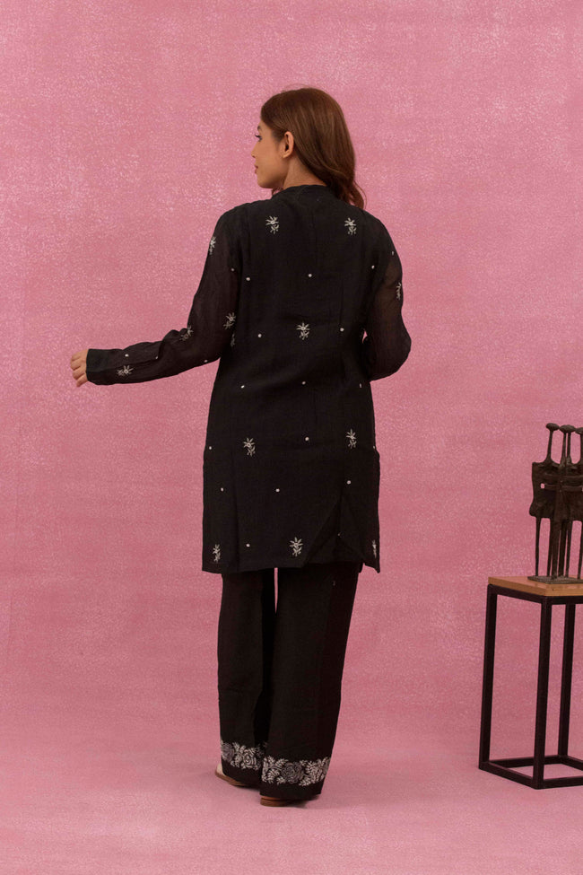 Urviya Chikankari Mul Chanderi Black Pearl and Cutdaana Coord Set