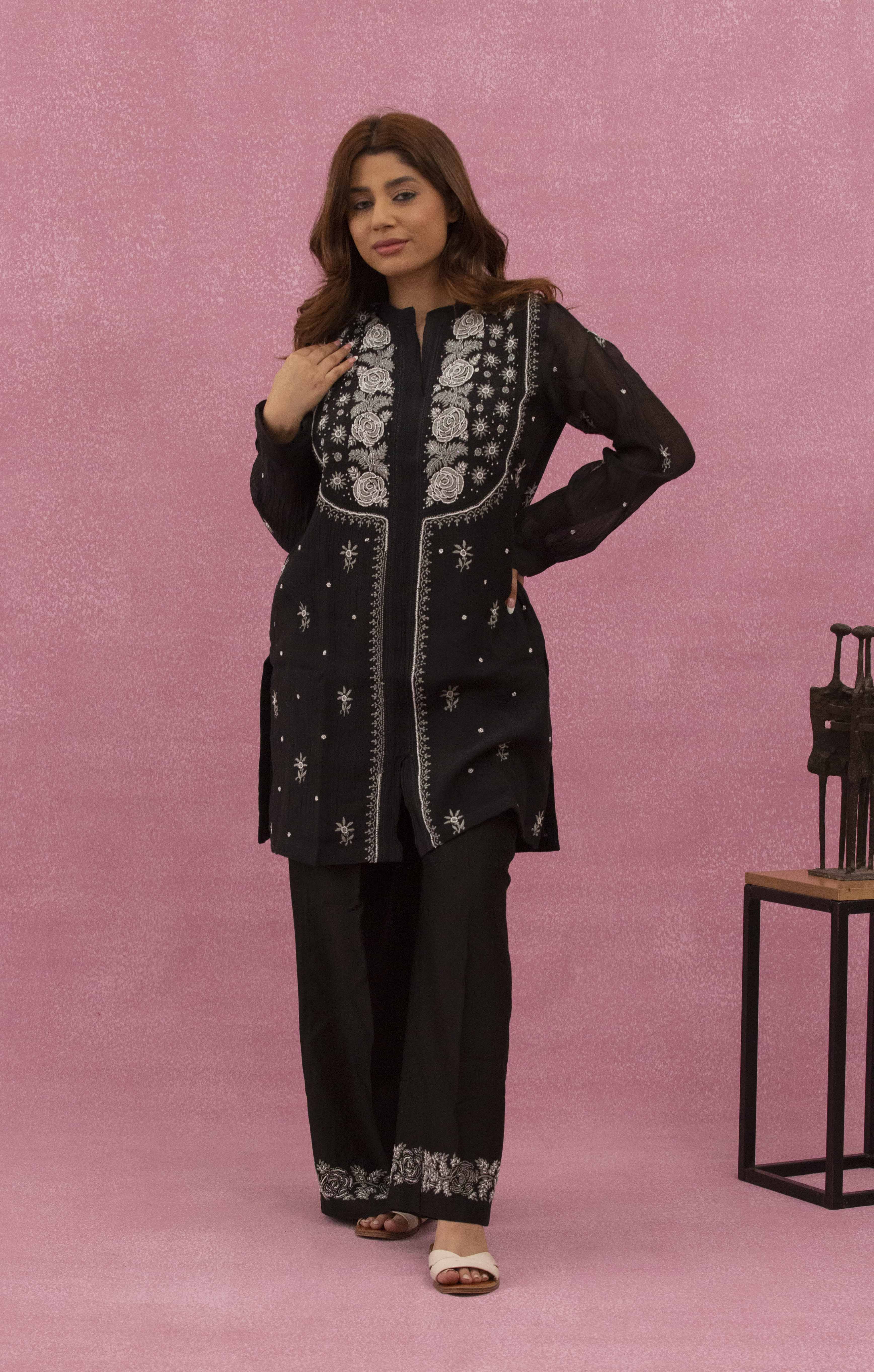 Urviya Chikankari Mul Chanderi Black Pearl and Cutdaana Coord Set