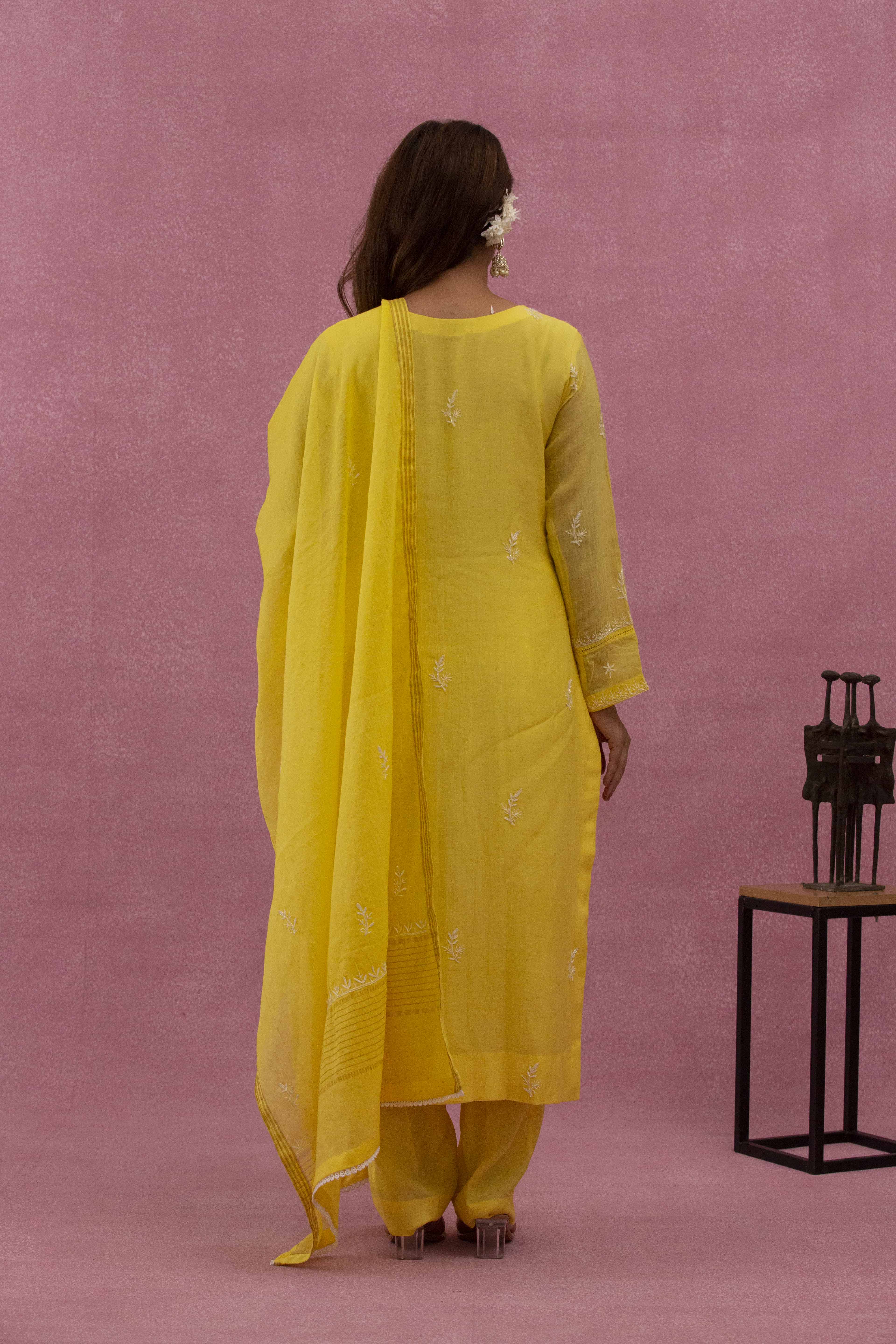 Urviya Chikankari Mul Chanderi Panel Yellow Cutdaana Pearl Work Suit