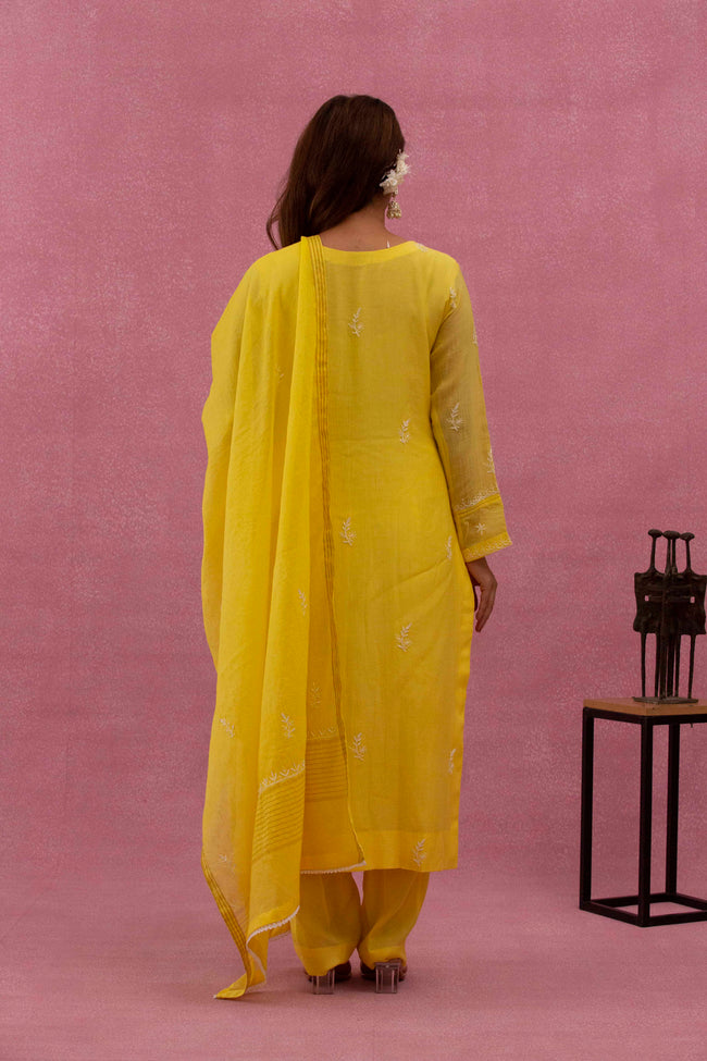 Urviya Chikankari Mul Chanderi Panel Yellow Cutdaana Pearl Work Suit