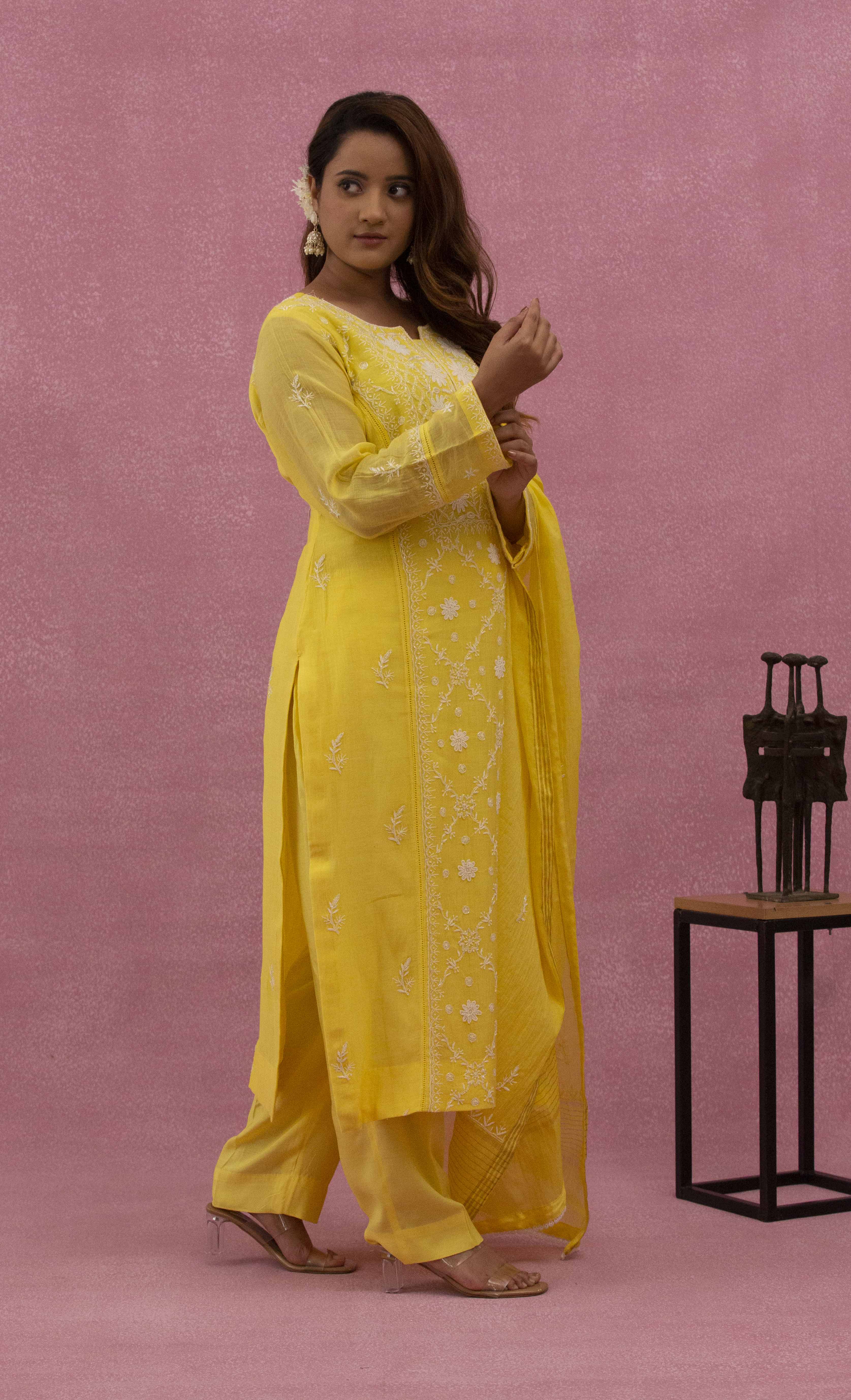 Urviya Chikankari Mul Chanderi Panel Yellow Cutdaana Pearl Work Suit