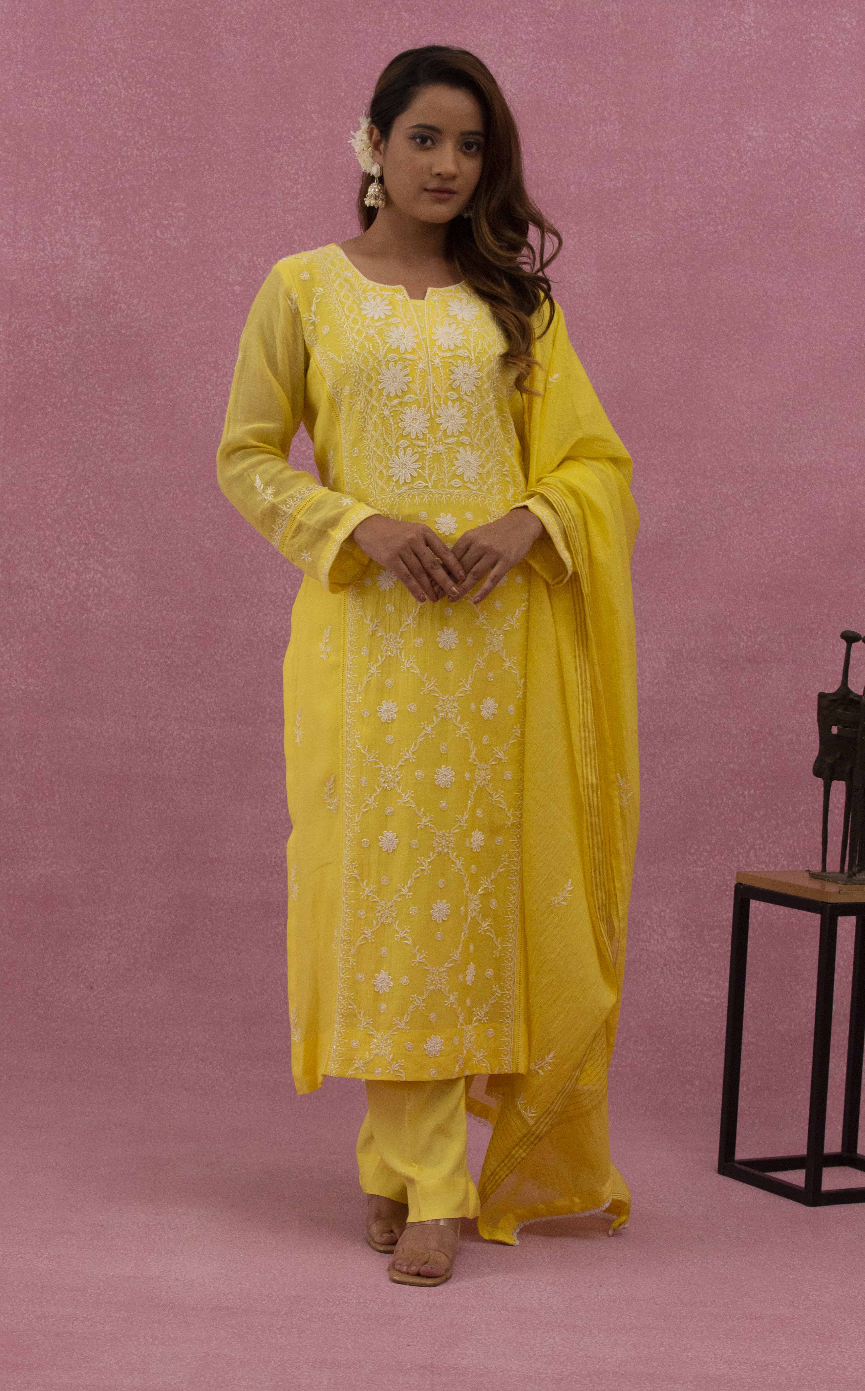 Urviya Chikankari Mul Chanderi Panel Yellow Cutdaana Pearl Work Suit