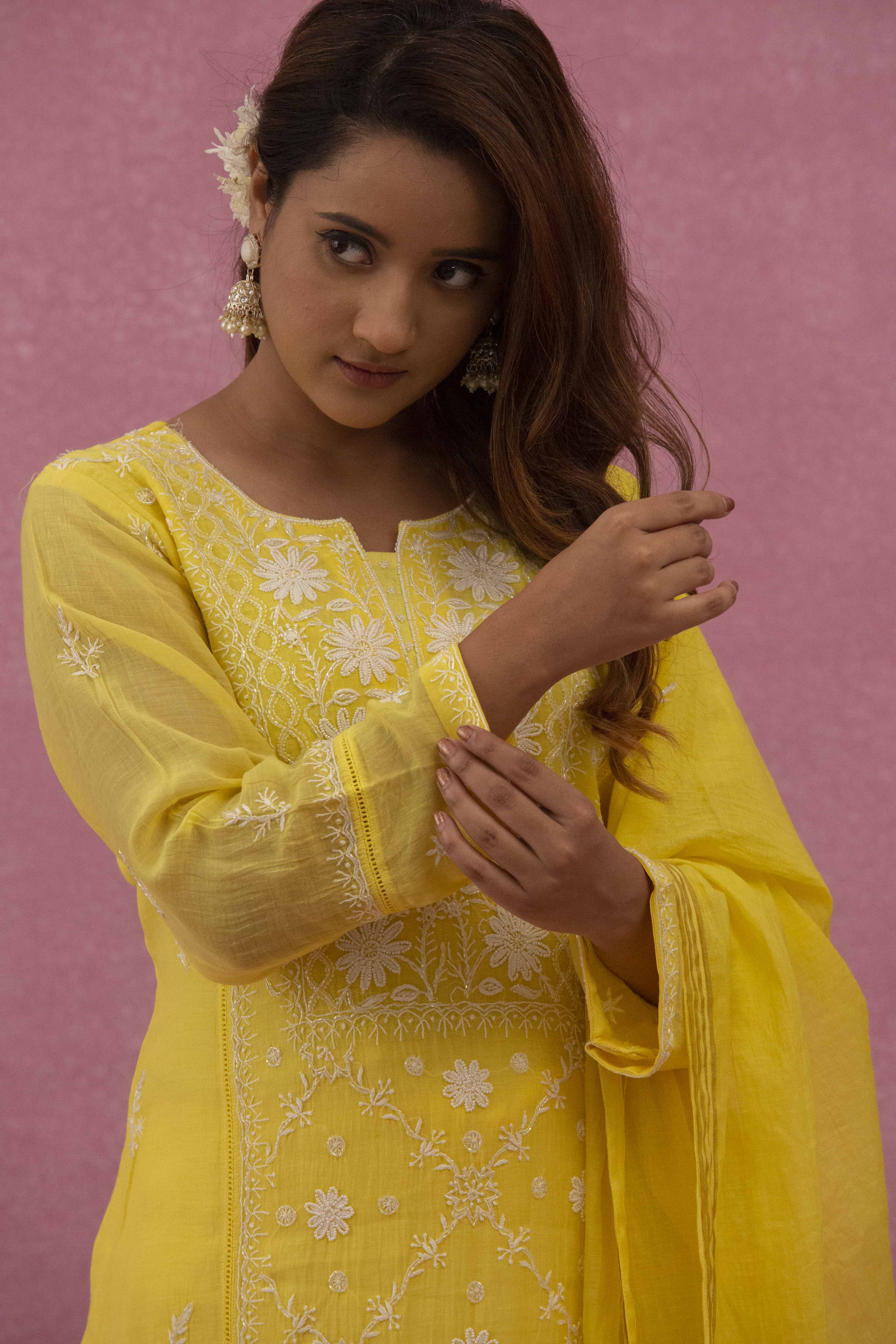 Urviya Chikankari Mul Chanderi Panel Yellow Cutdaana Pearl Work Suit
