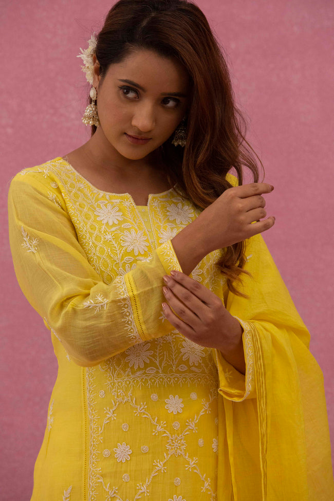 Urviya Chikankari Mul Chanderi Panel Yellow Cutdaana Pearl Work Suit