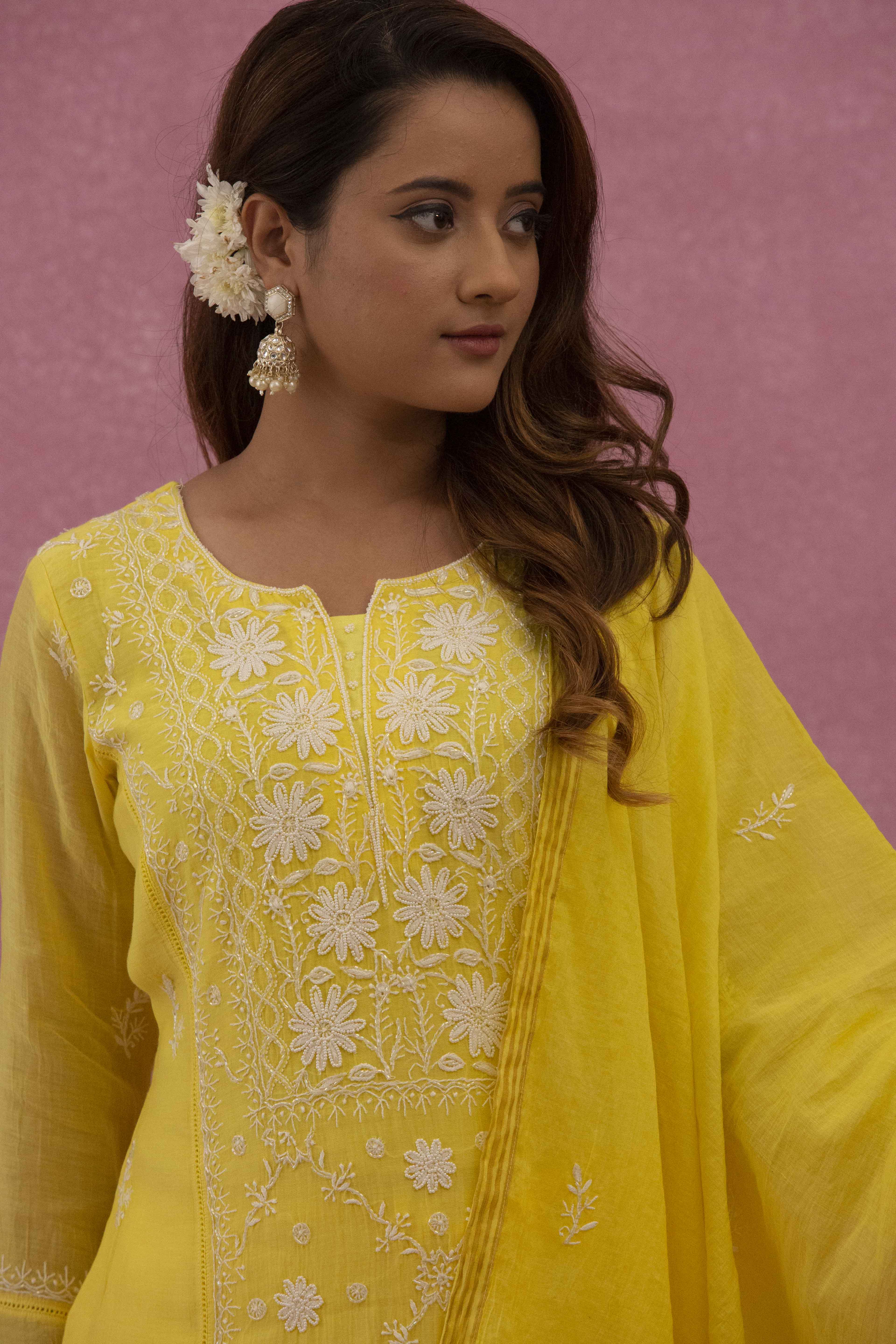 Urviya Chikankari Mul Chanderi Panel Yellow Cutdaana Pearl Work Suit