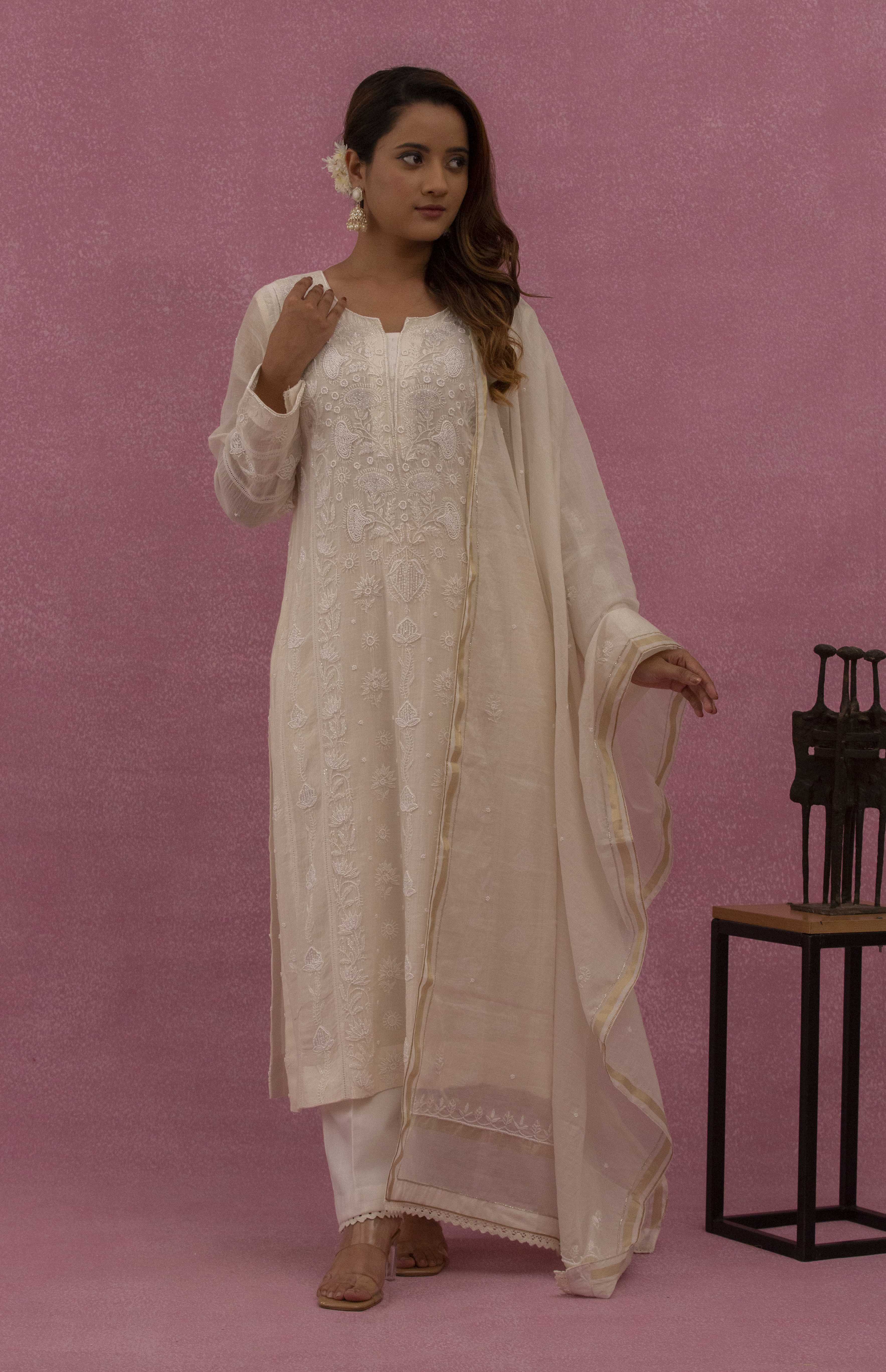 Urviya Chikankari Mul Chanderi Cutdaana White Pearl Work Panel Suit Pattern 3