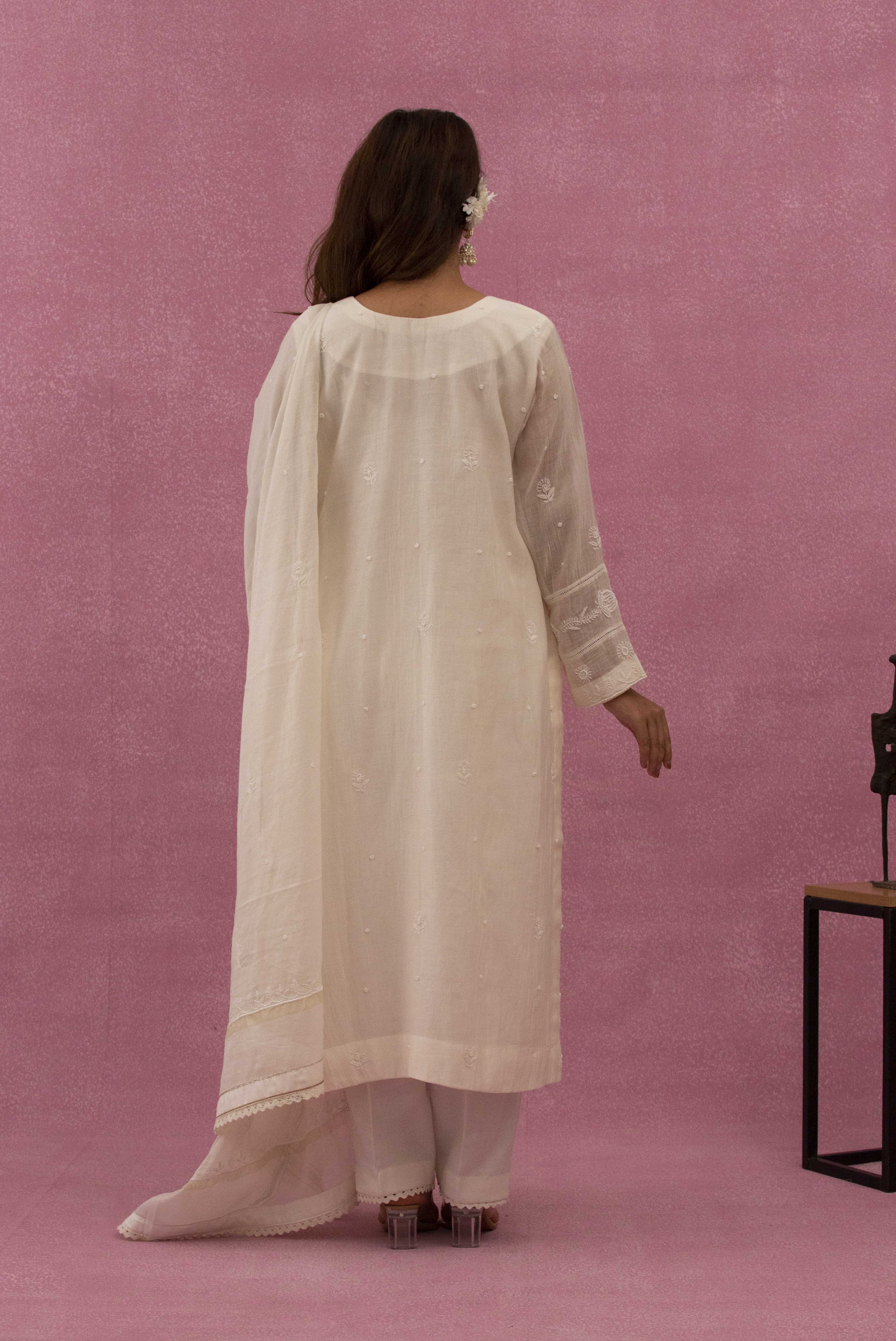 Urviya Chikankari Mul Chanderi Cutdaana White Pearl Work Panel Suit Pattern 3