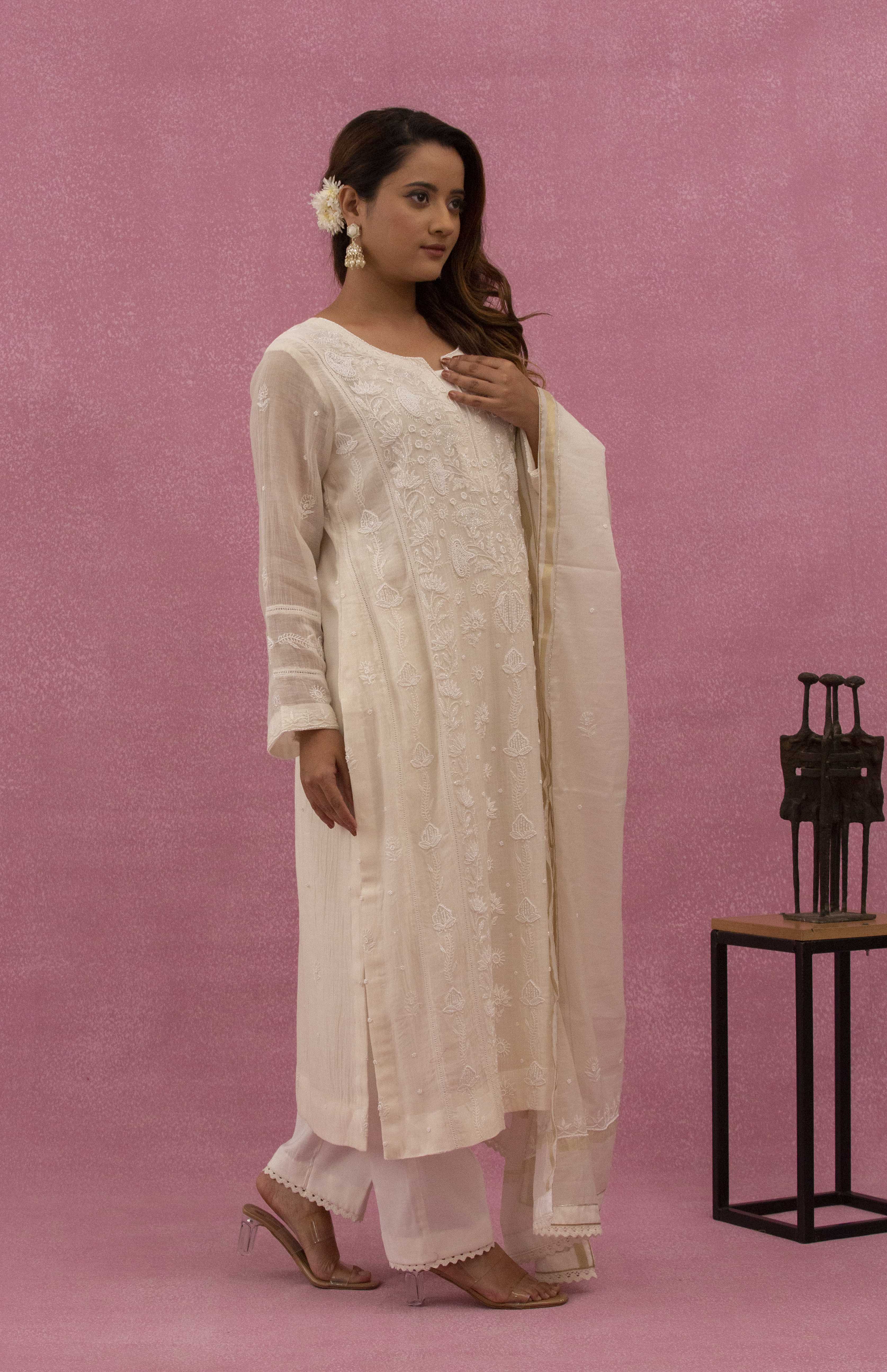 Urviya Chikankari Mul Chanderi Cutdaana White Pearl Work Panel Suit Pattern 3