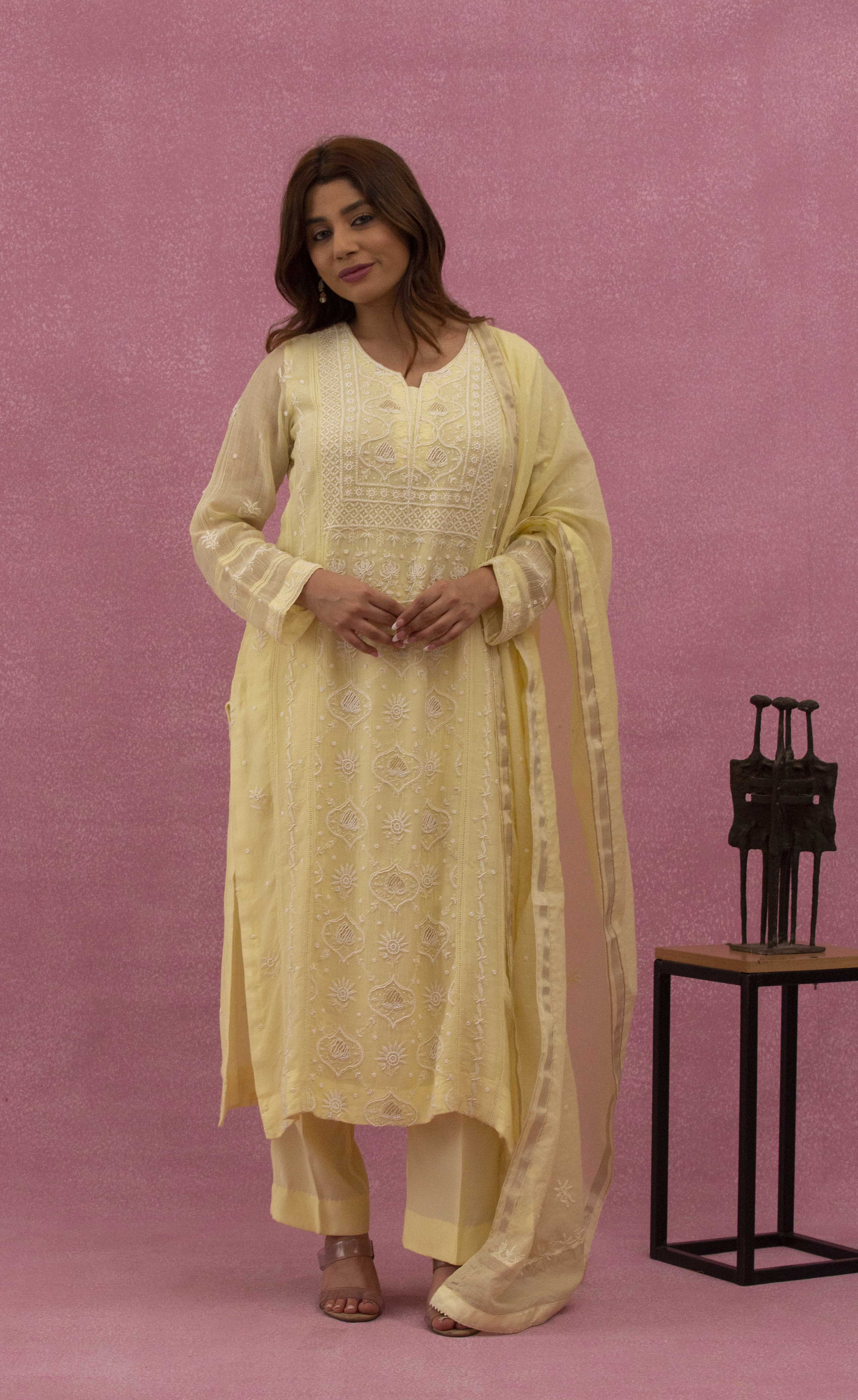 Urviya Chikankari Mul Chanderi Cutdaana Yellow Pearl Work Panel Kasab Suit