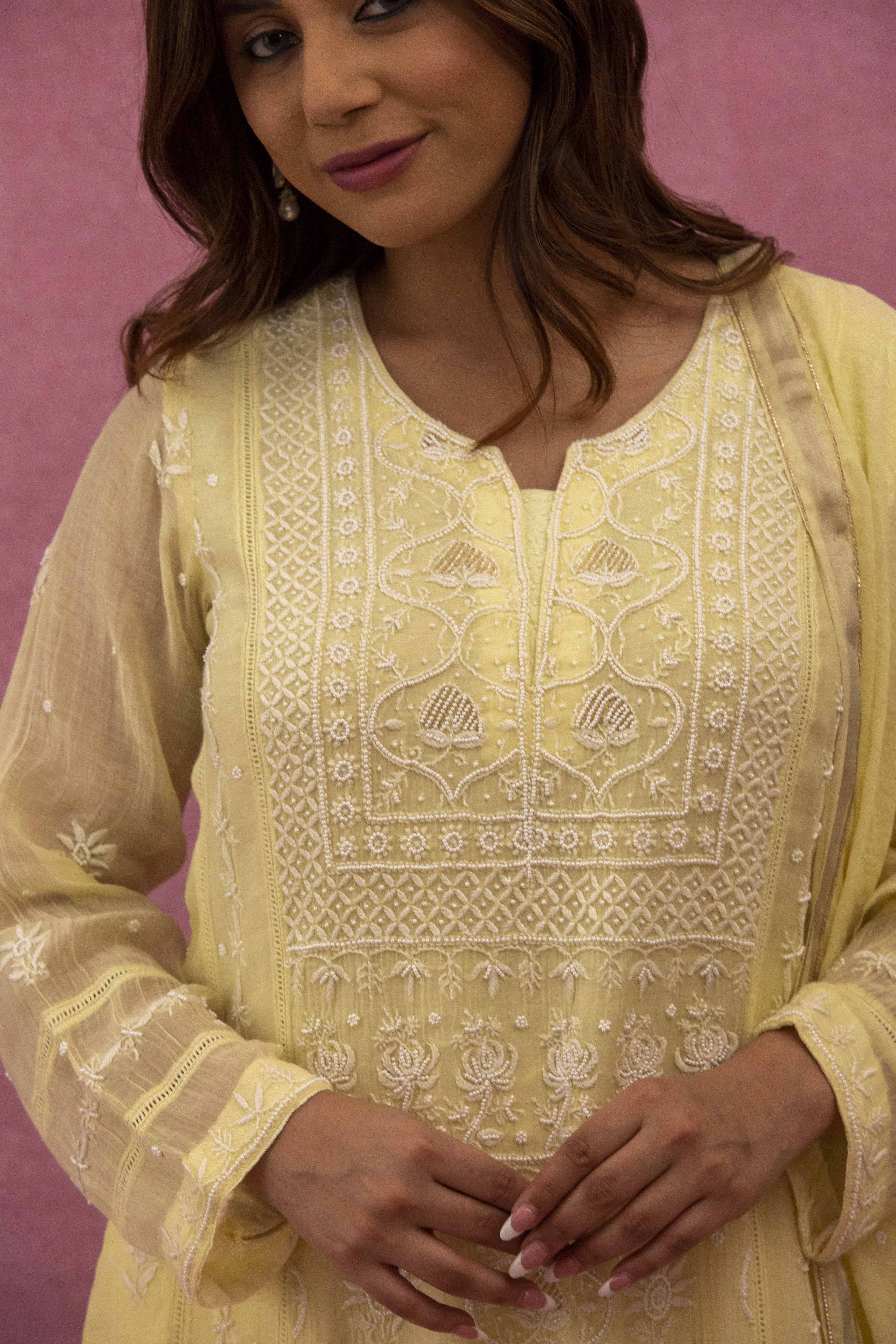 Urviya Chikankari Mul Chanderi Cutdaana Yellow Pearl Work Panel Kasab Suit