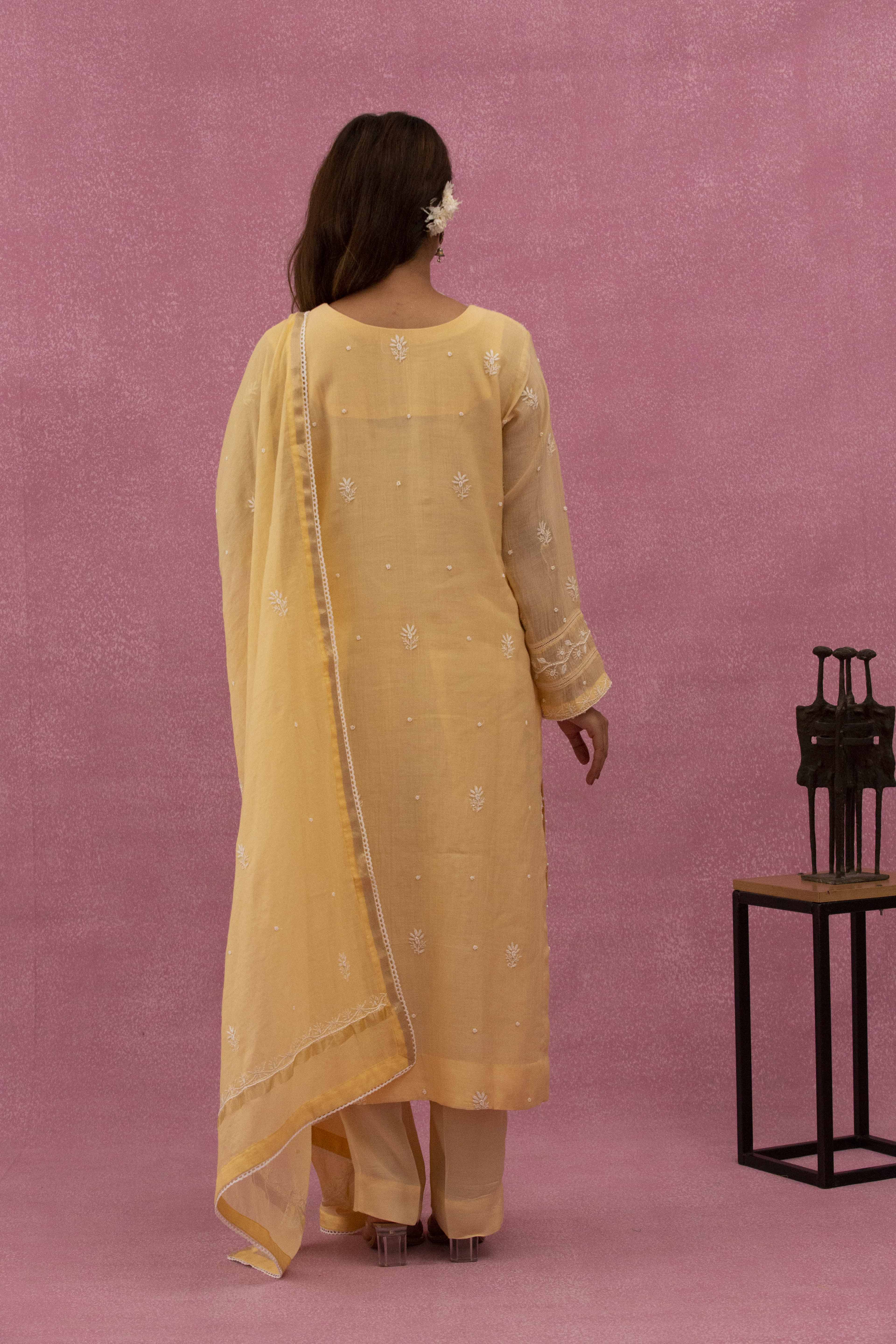 Urviya Chikankari Mul Chanderi Peach Pearl Work Cutdaana Panel Suit