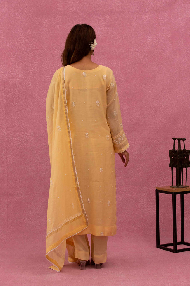 Urviya Chikankari Mul Chanderi Yellow Pearl Work Cutdaana Panel Suit