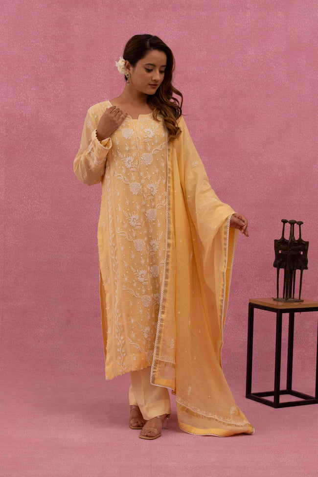 Urviya Chikankari Mul Chanderi Yellow Pearl Work Cutdaana Panel Suit