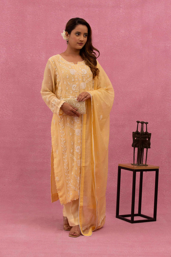 Urviya Chikankari Mul Chanderi Yellow Pearl Work Cutdaana Panel Suit