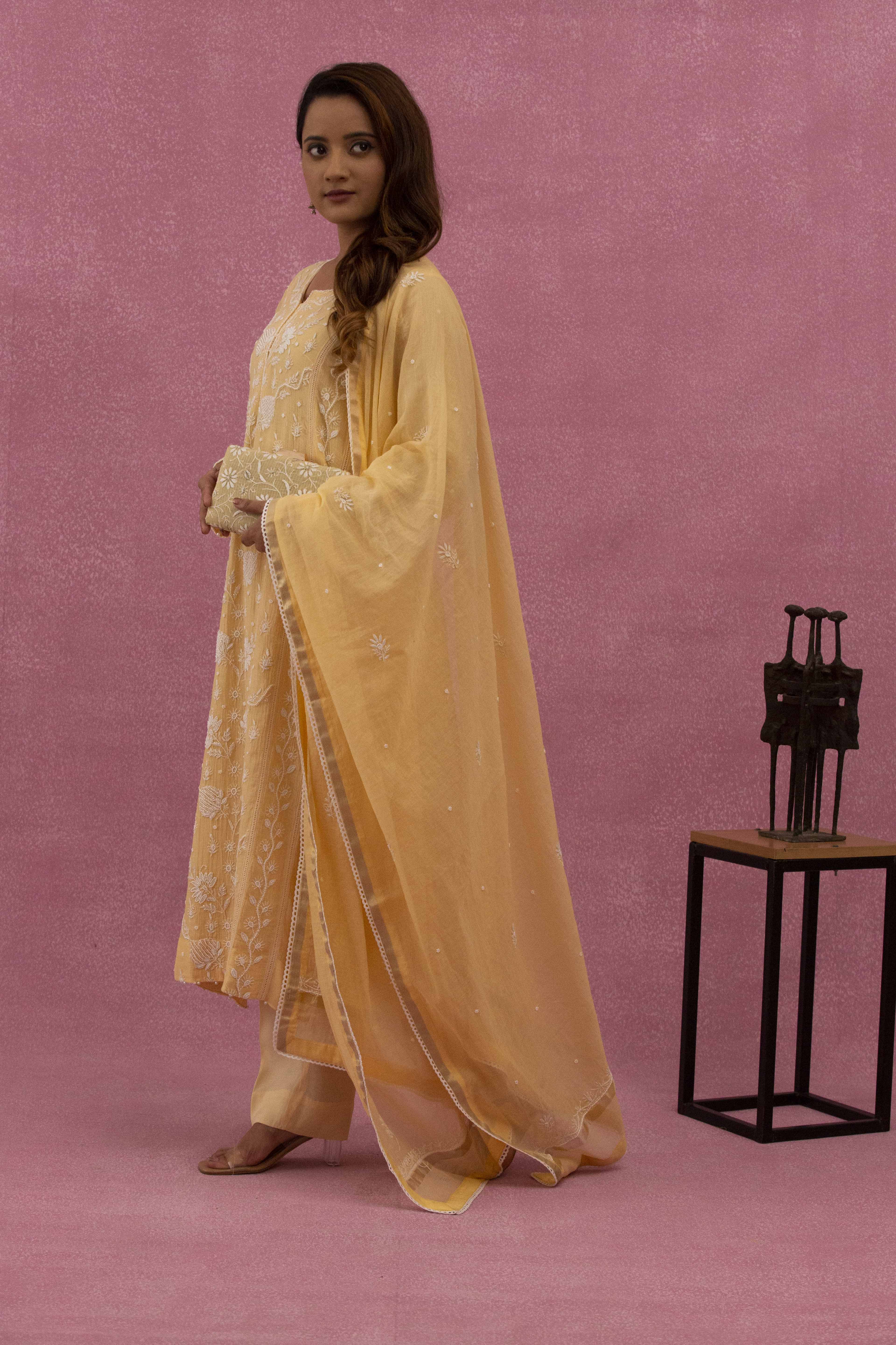 Urviya Chikankari Mul Chanderi Peach Pearl Work Cutdaana Panel Suit