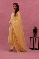 Urviya Chikankari Mul Chanderi Yellow Pearl Work Cutdaana Panel Suit