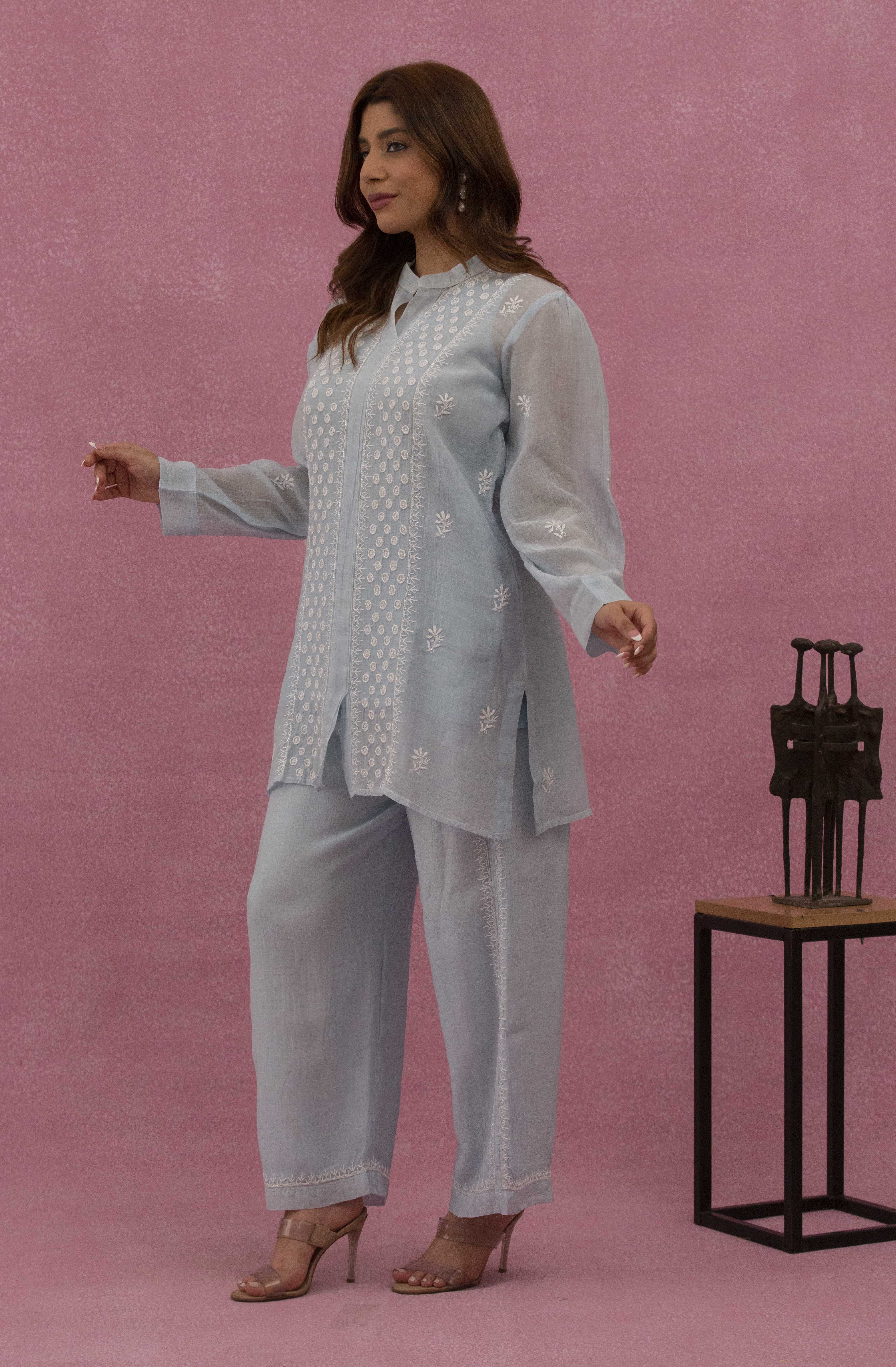 Urviya Chikankari Mul Chanderi Cutdaana Blue Pearl Work Coord Set