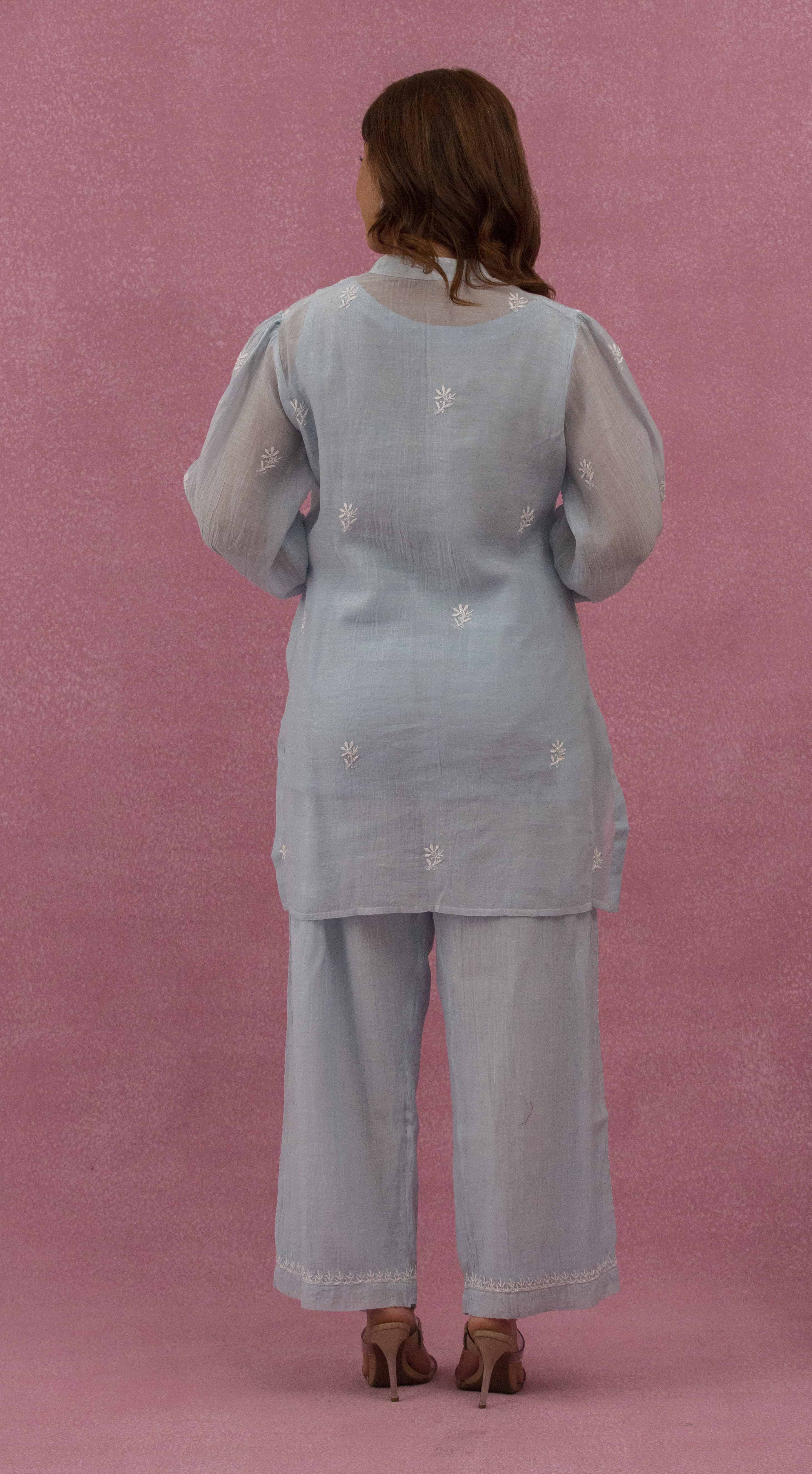 Urviya Chikankari Mul Chanderi Cutdaana Blue Pearl Work Coord Set