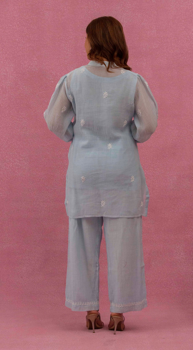 Urviya Chikankari Mul Chanderi Cutdaana Blue Pearl Work Coord Set