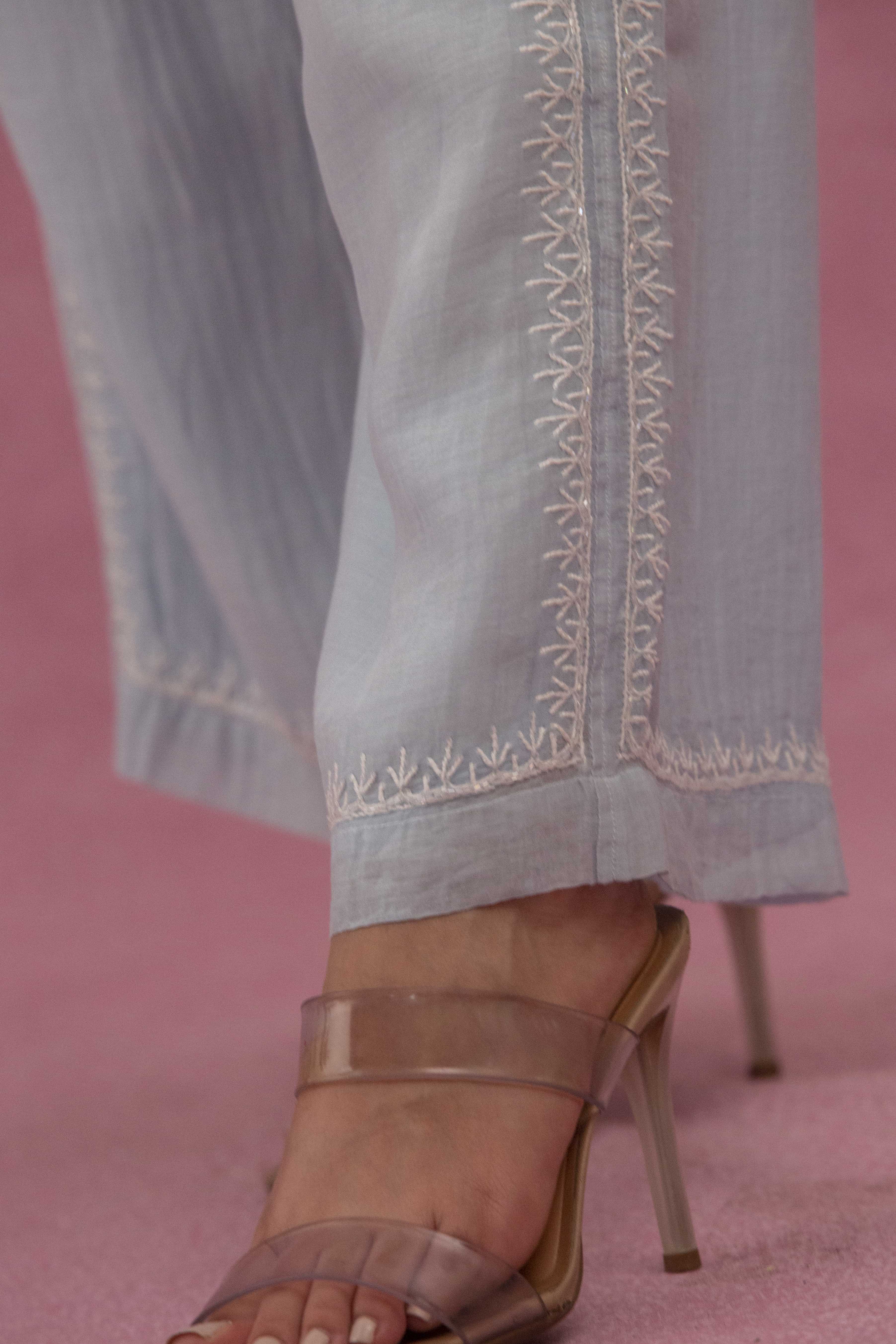 Urviya Chikankari Mul Chanderi Cutdaana Blue Pearl Work Coord Set